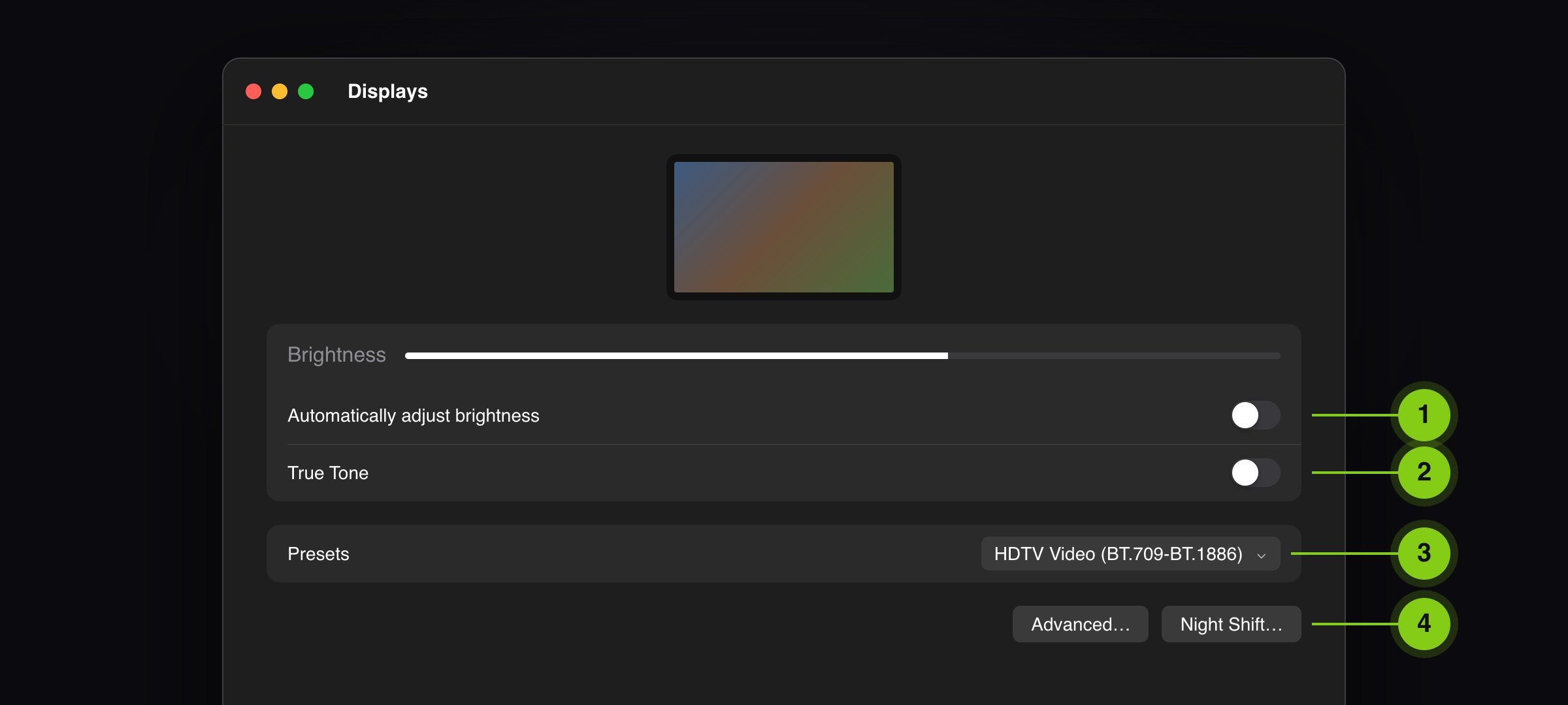 Illustration: Displays in System Settings with automatic brightness and True Tone off, the HDTV Video preset and the Night Shift button