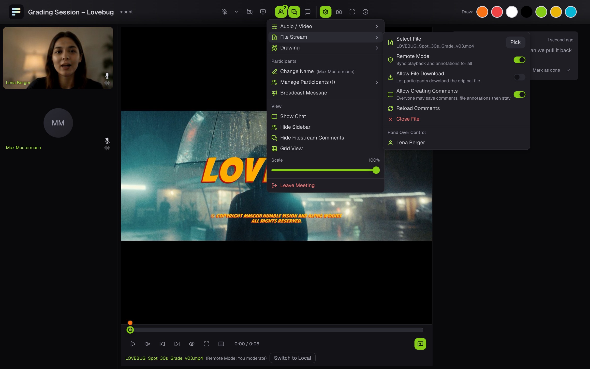 Das Menü File Stream mit Remote Mode und der Liste Hand Over Control