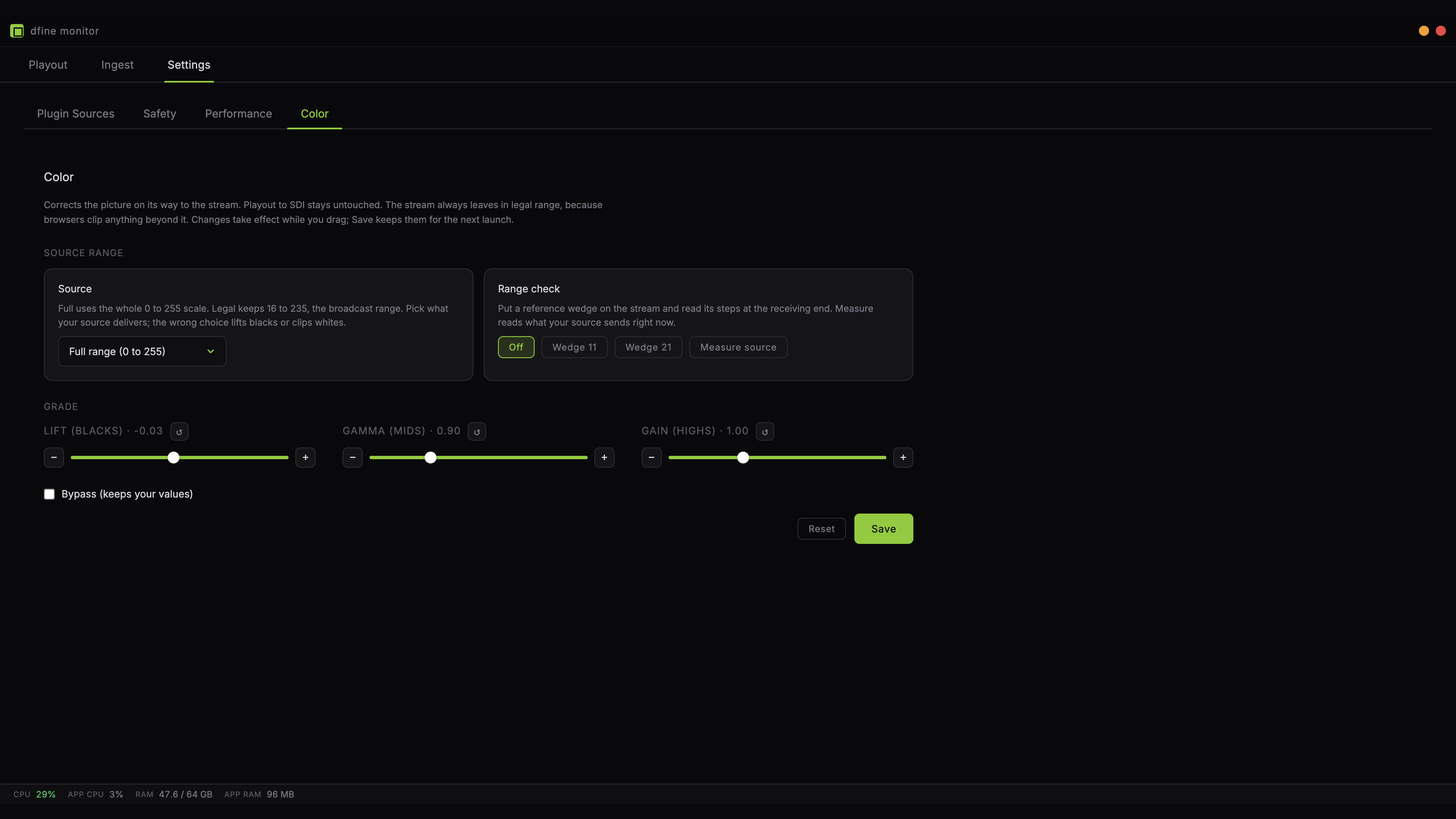 The Color tab with the source range setting, the range check and the three grading controls