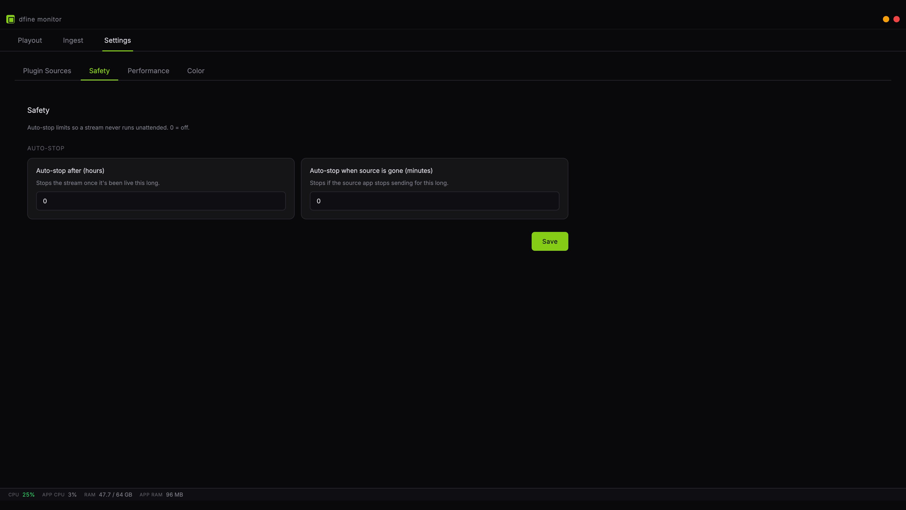 The Safety tab with the two auto-stop limits, both set to zero