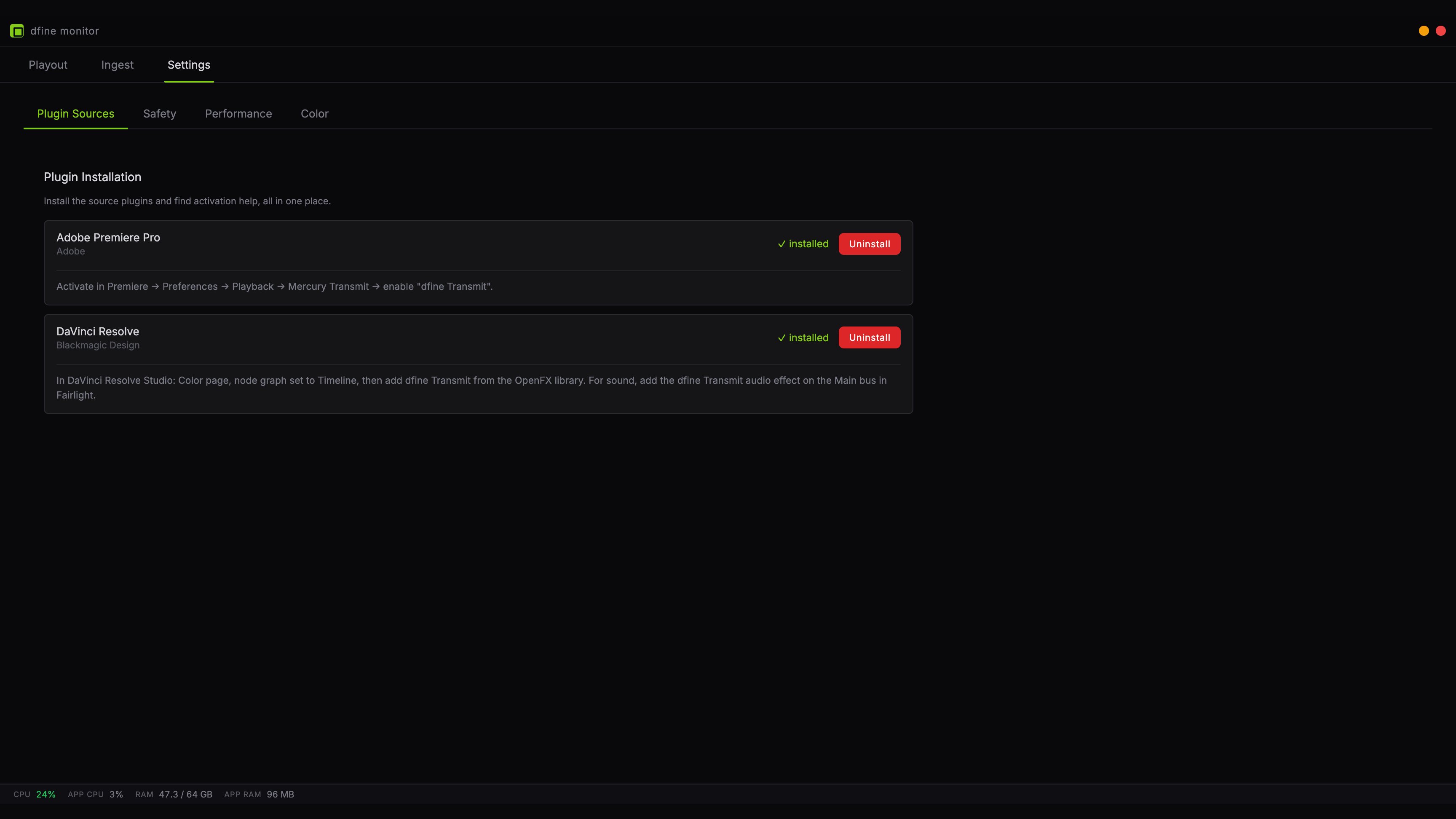 The Plugin Sources tab with Adobe Premiere Pro and DaVinci Resolve, both installed
