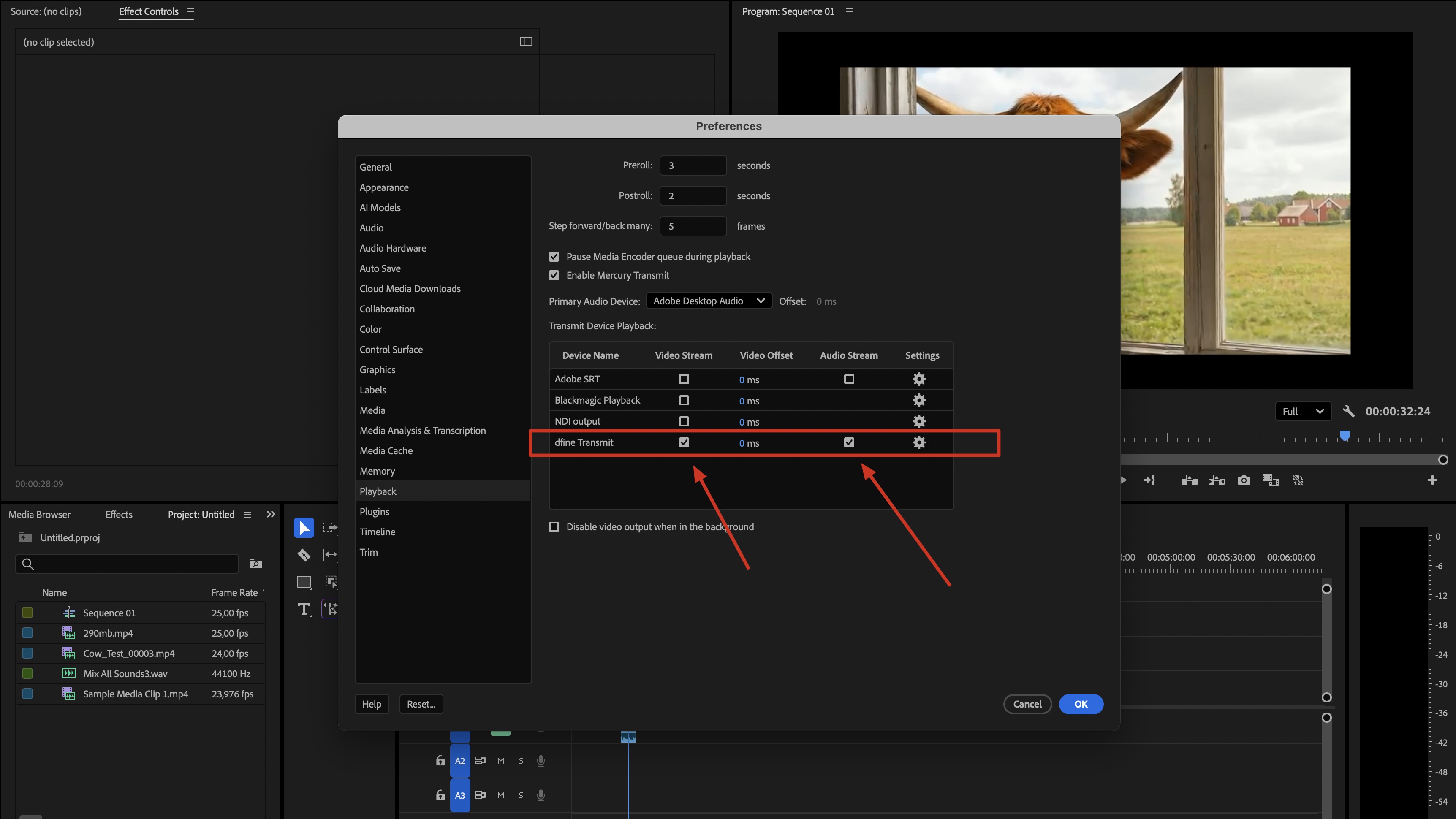 Premiere Pro playback preferences with Mercury Transmit enabled and dfine.io Transmit selected for video and audio