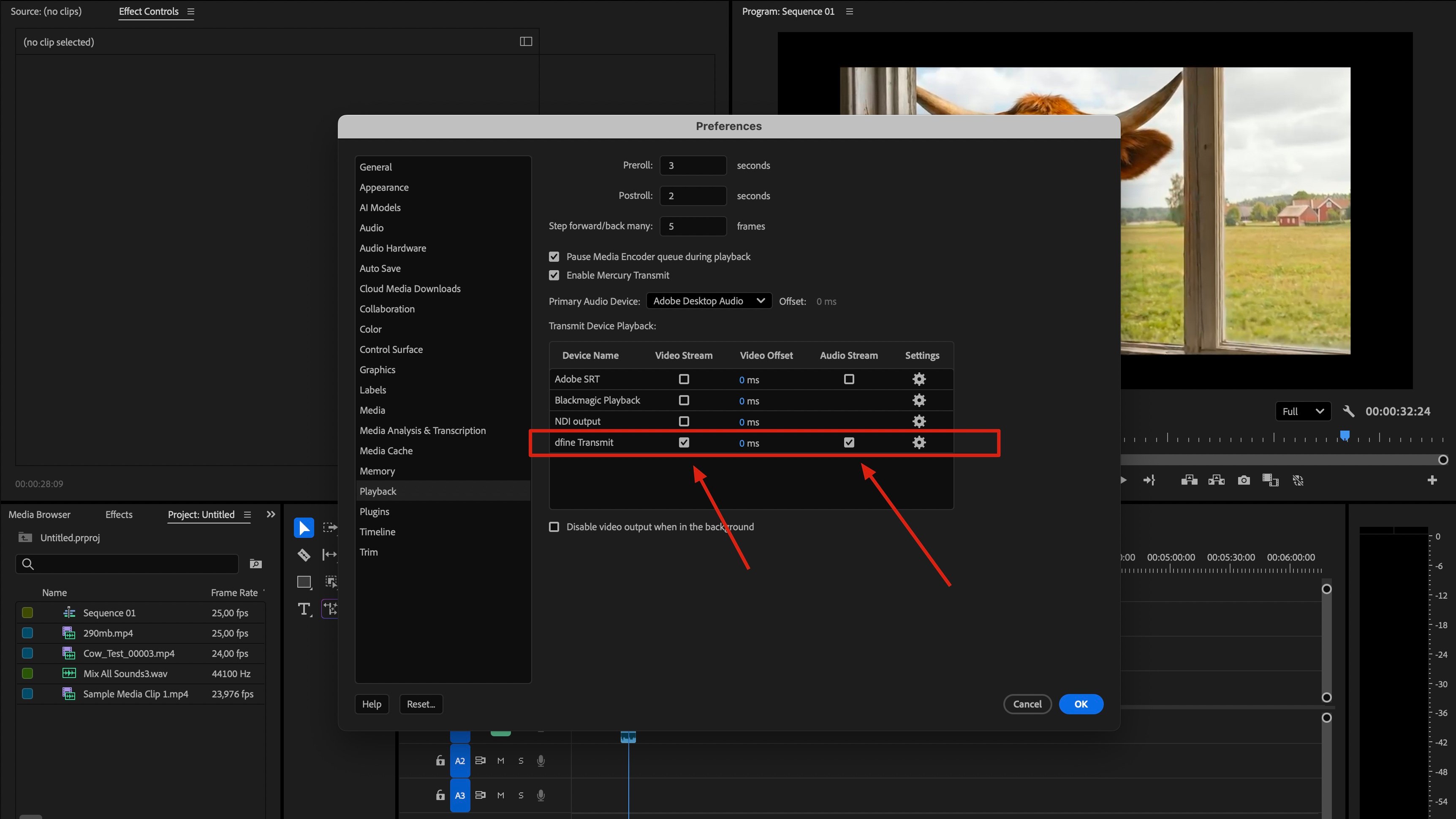 Premiere Pro playback preferences with Mercury Transmit enabled and dfine.io Transmit selected for video and audio