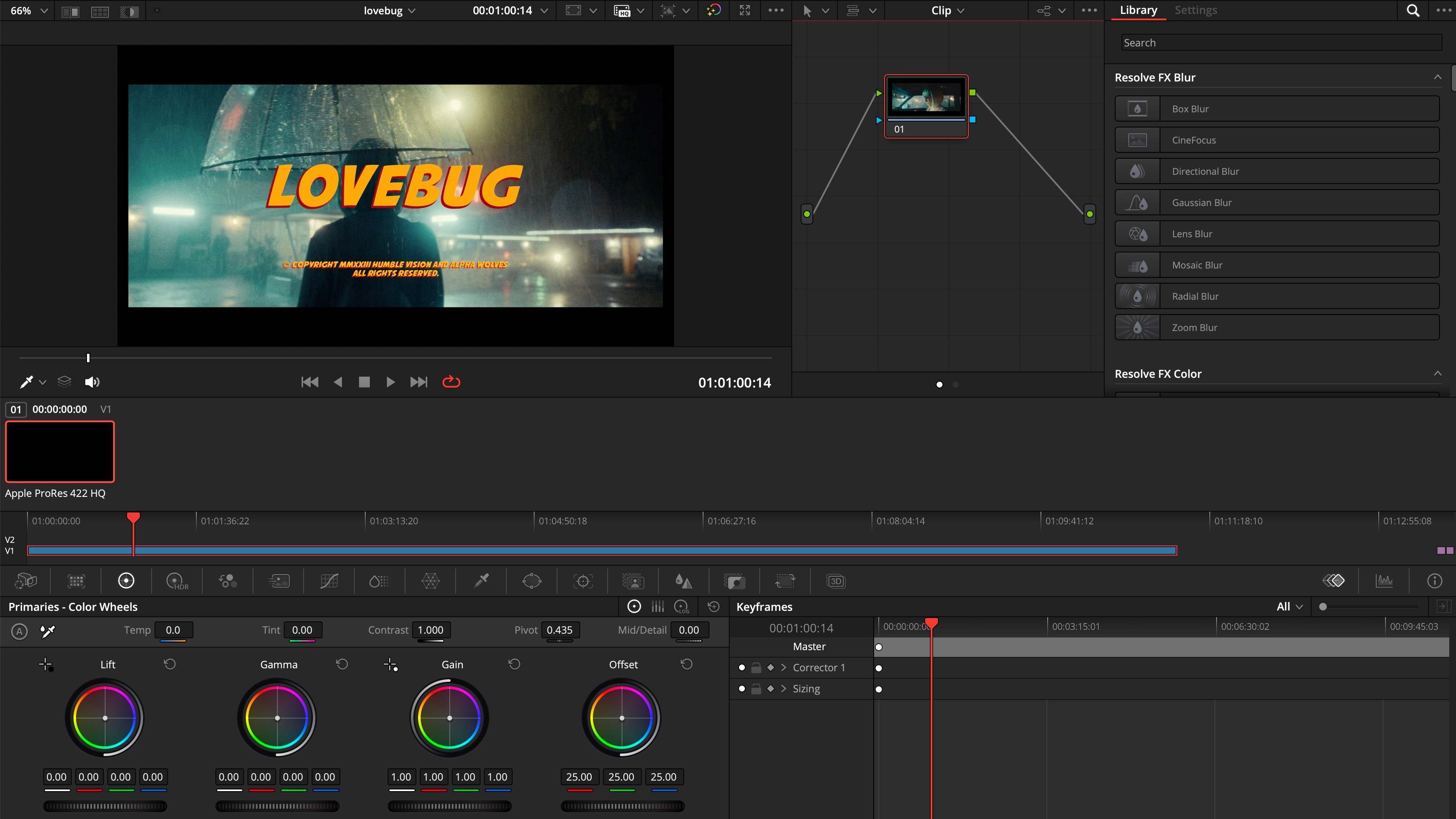 The DaVinci Resolve Color page with the OpenFX Library panel open on the right