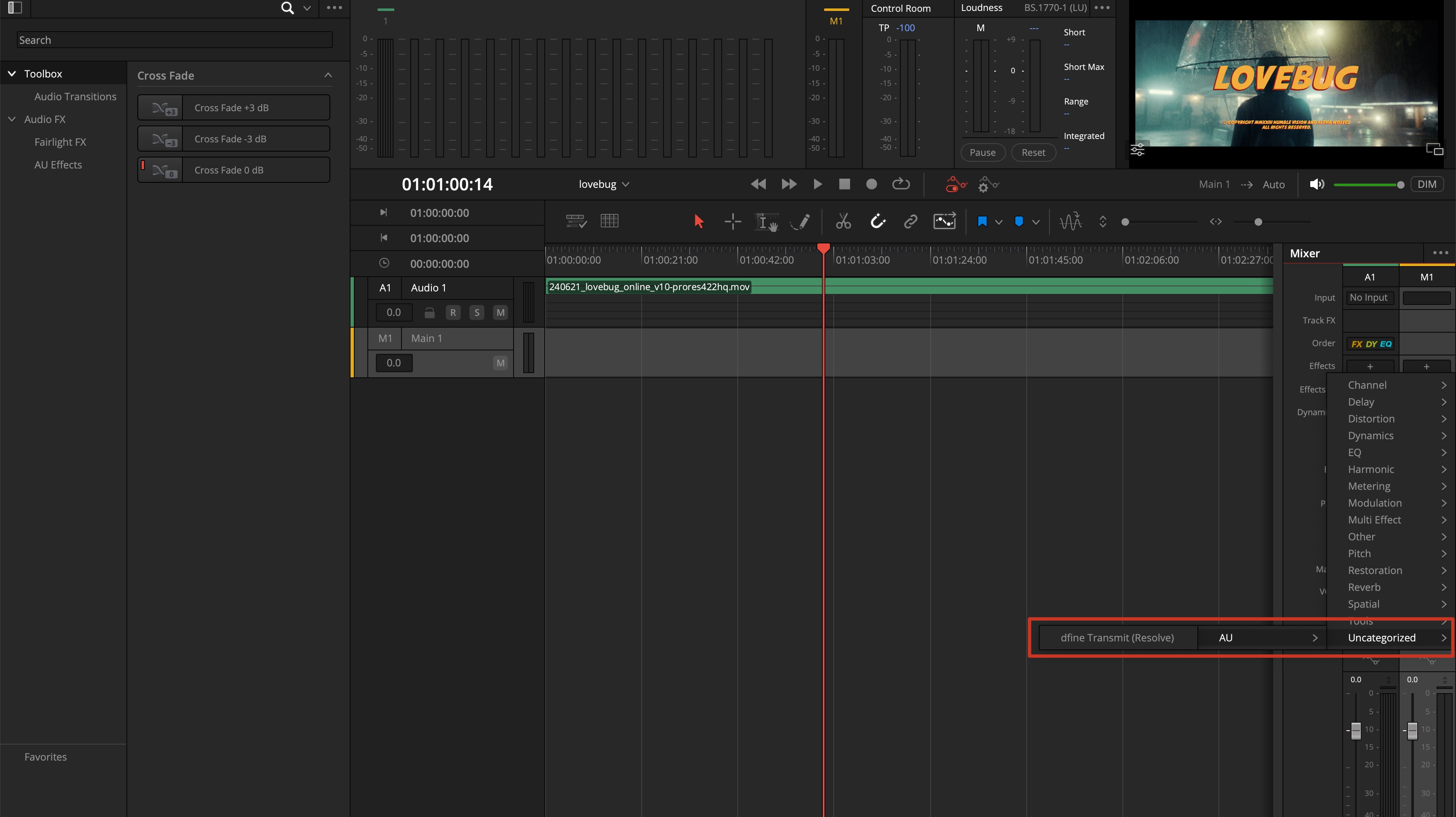 The effects menu open on Uncategorized with dfine.io Transmit listed