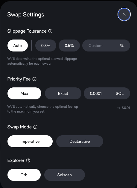 Swap settings panel