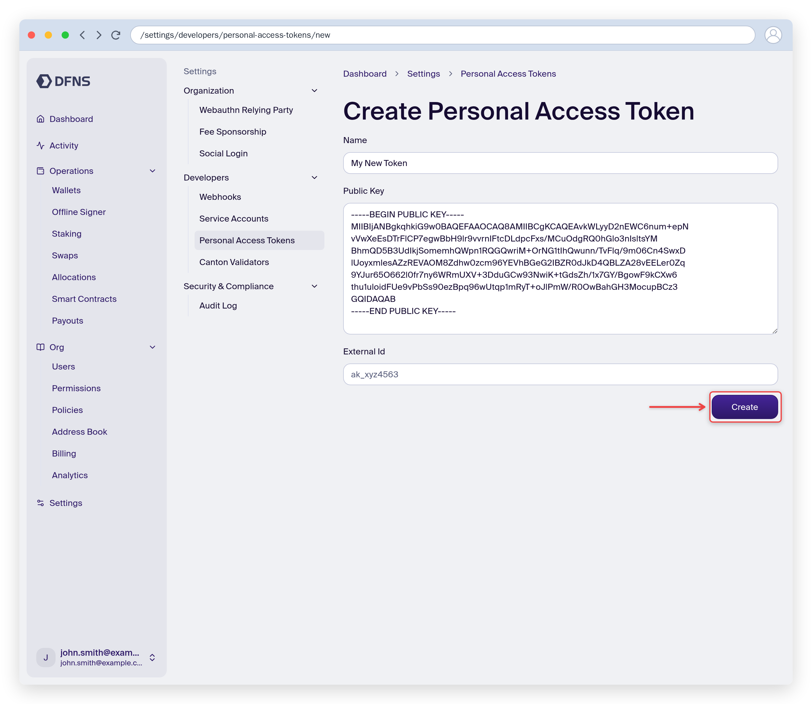 New personal access token form with a name and public key, Create button highlighted