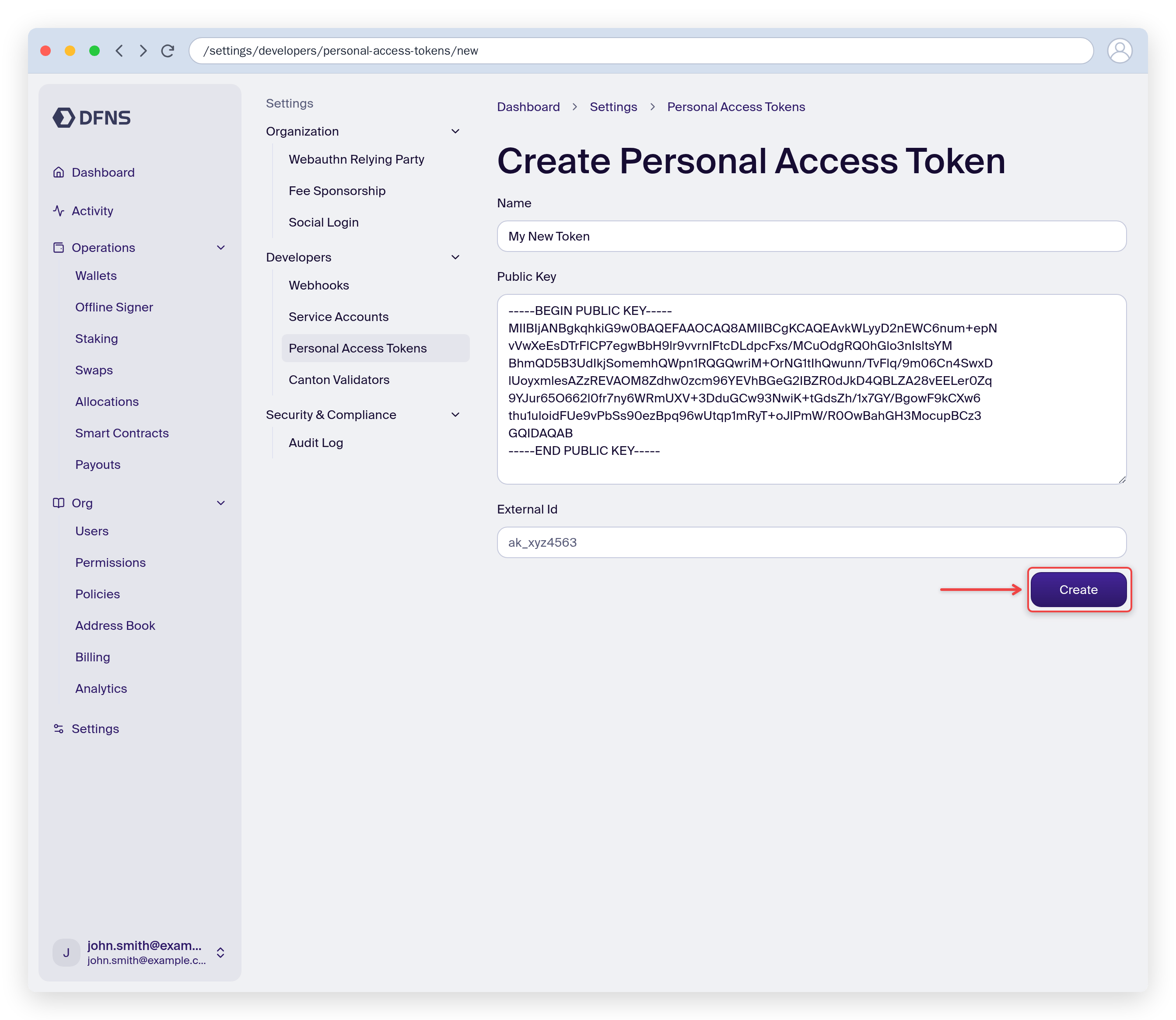 New personal access token form with a name and public key, Create button highlighted