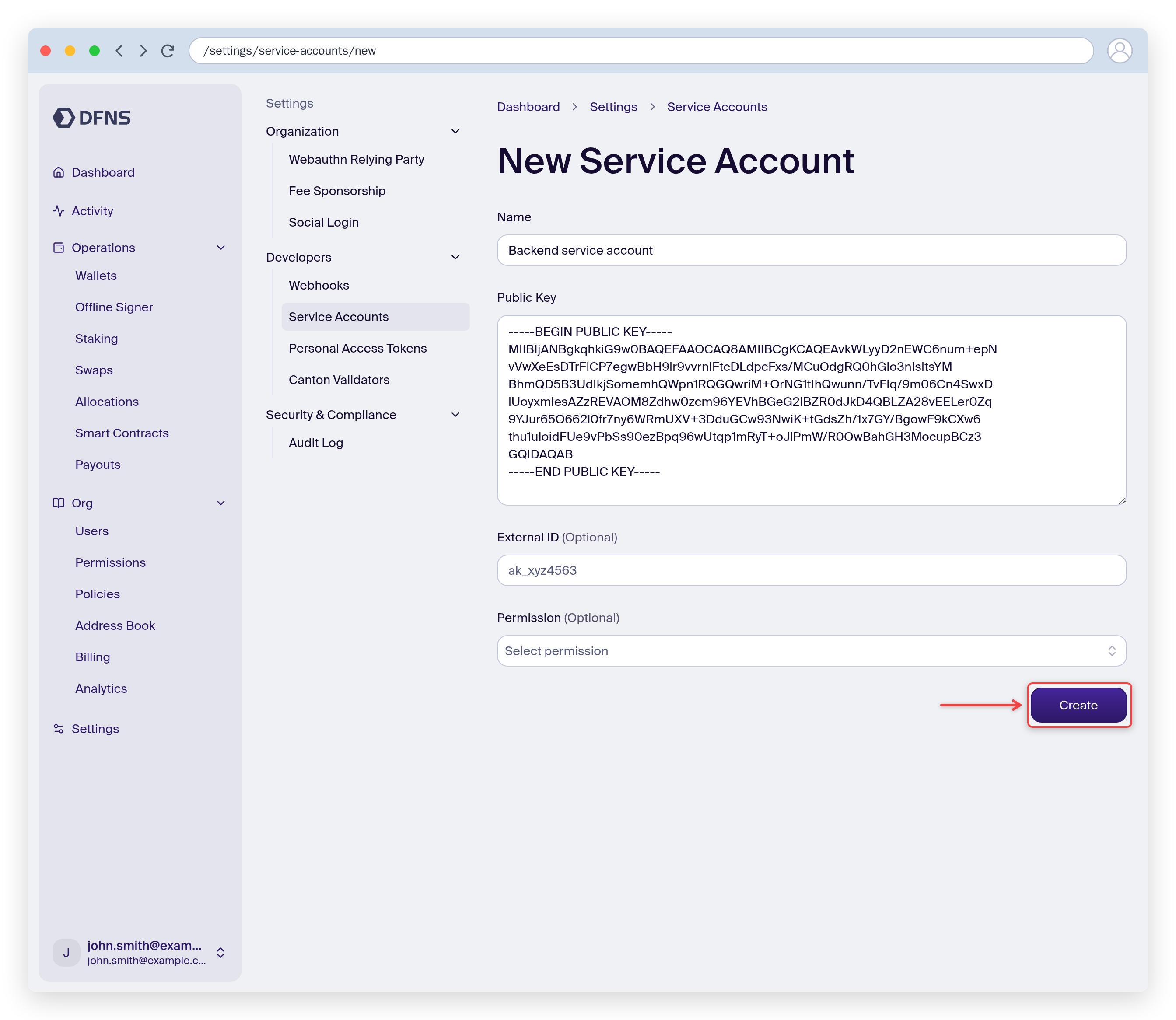 New service account form with a name and public key, Create button highlighted