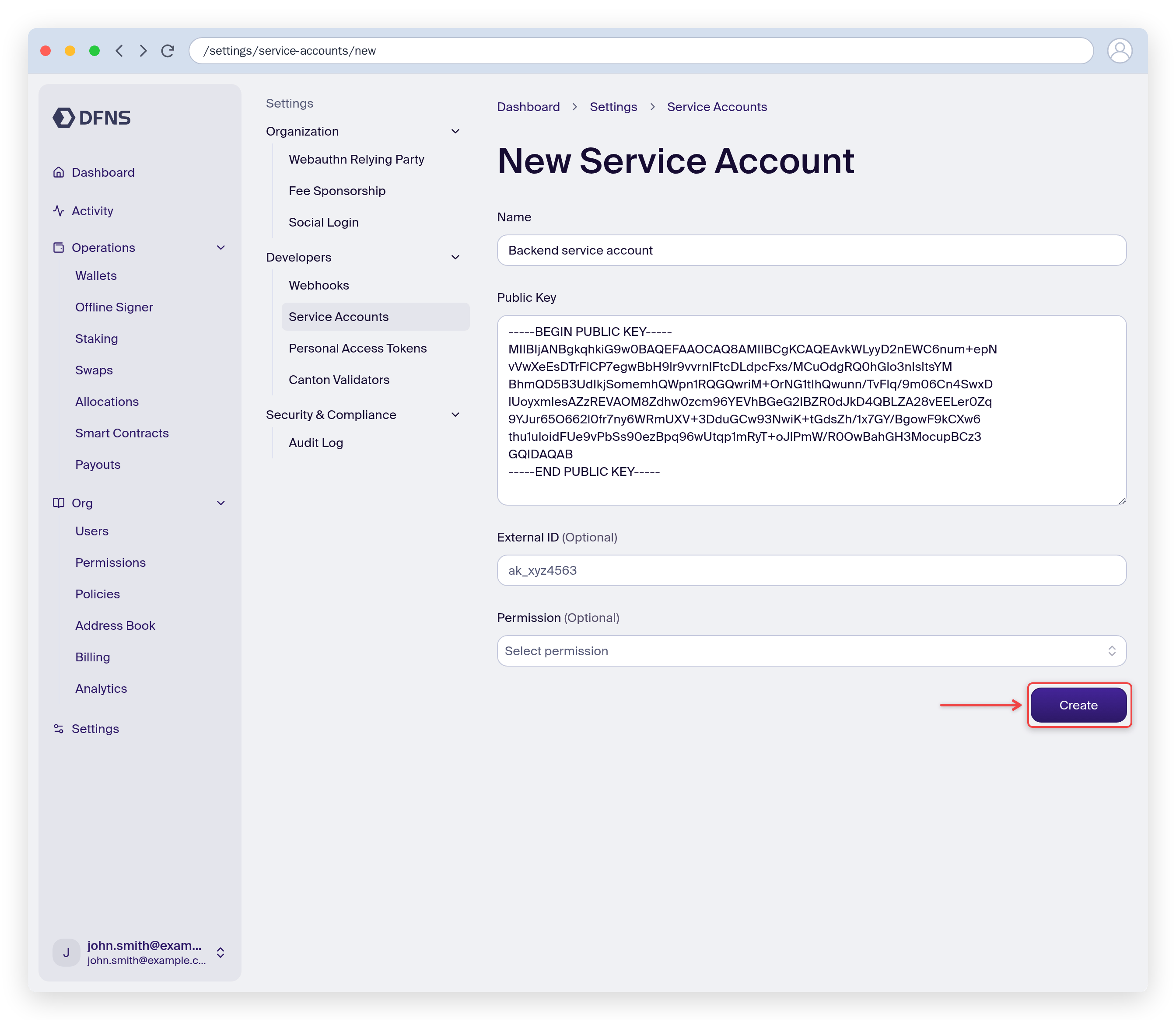 New service account form with a name and public key, Create button highlighted