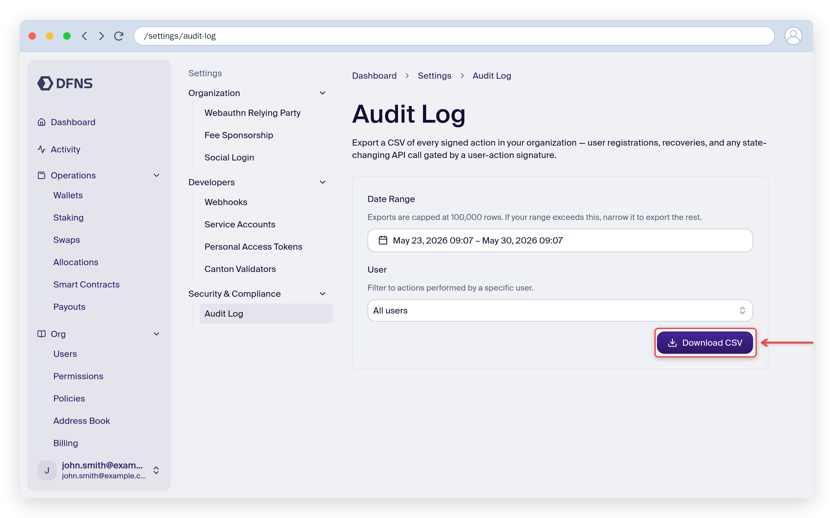 Audit Log export form showing the date range, user filter, and the Download CSV button highlighted