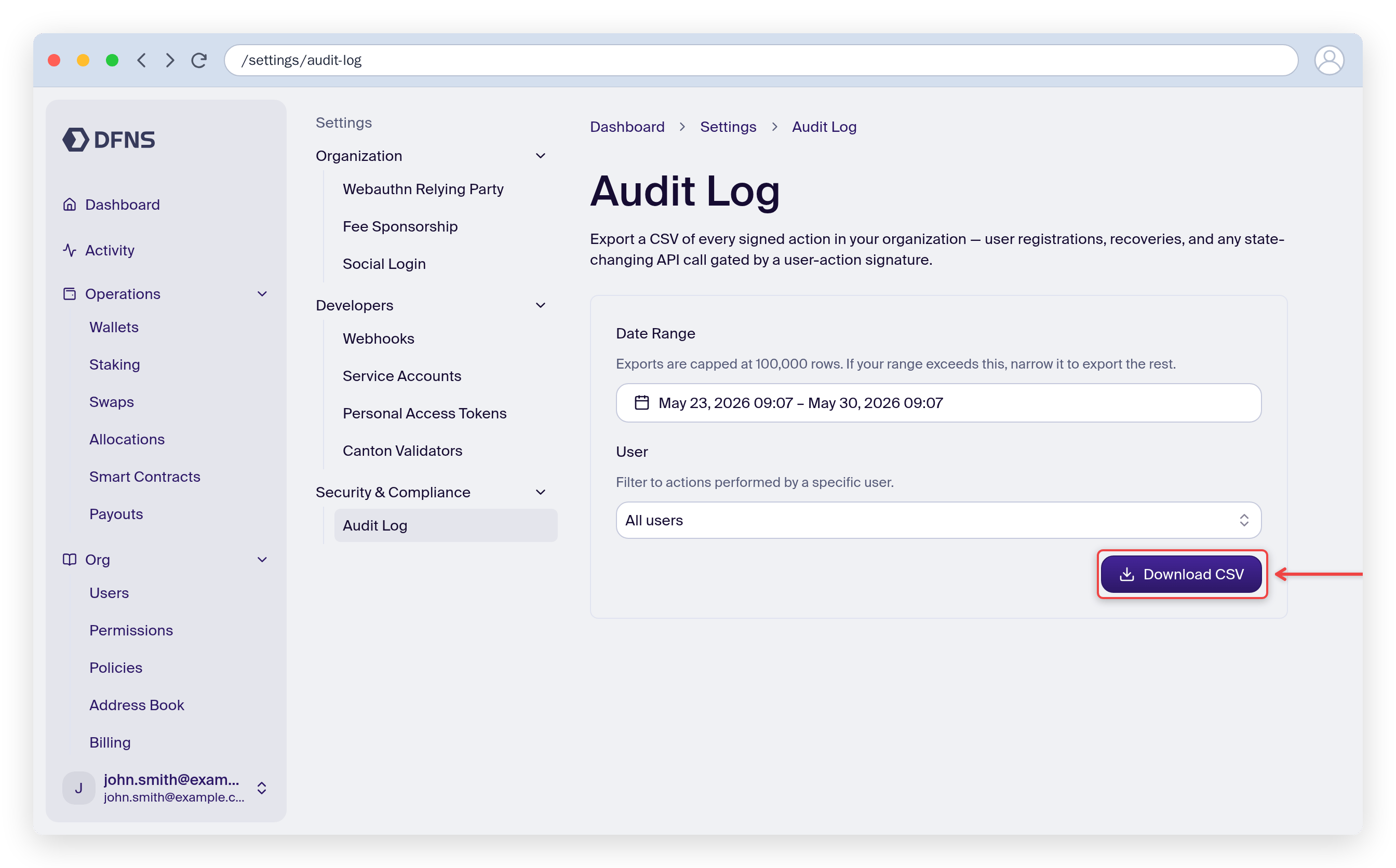 Audit Log export form showing the date range, user filter, and the Download CSV button highlighted