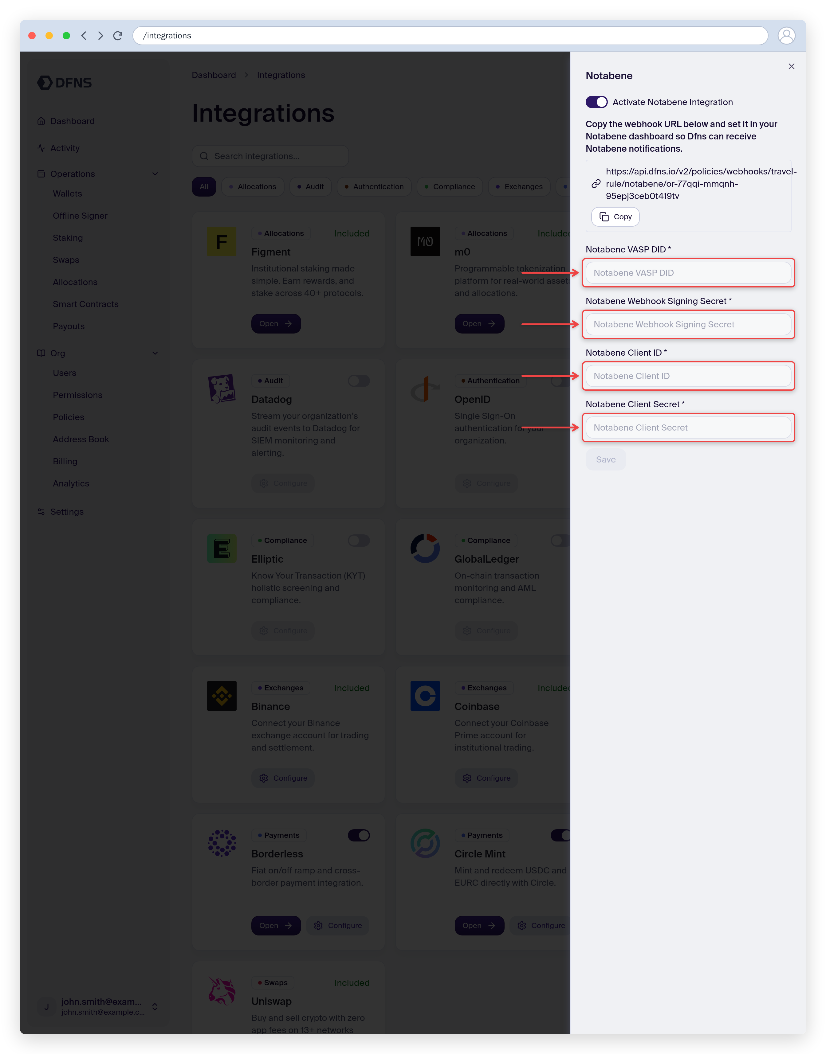Notabene Travel Rule integration settings with the VASP DID and credential fields