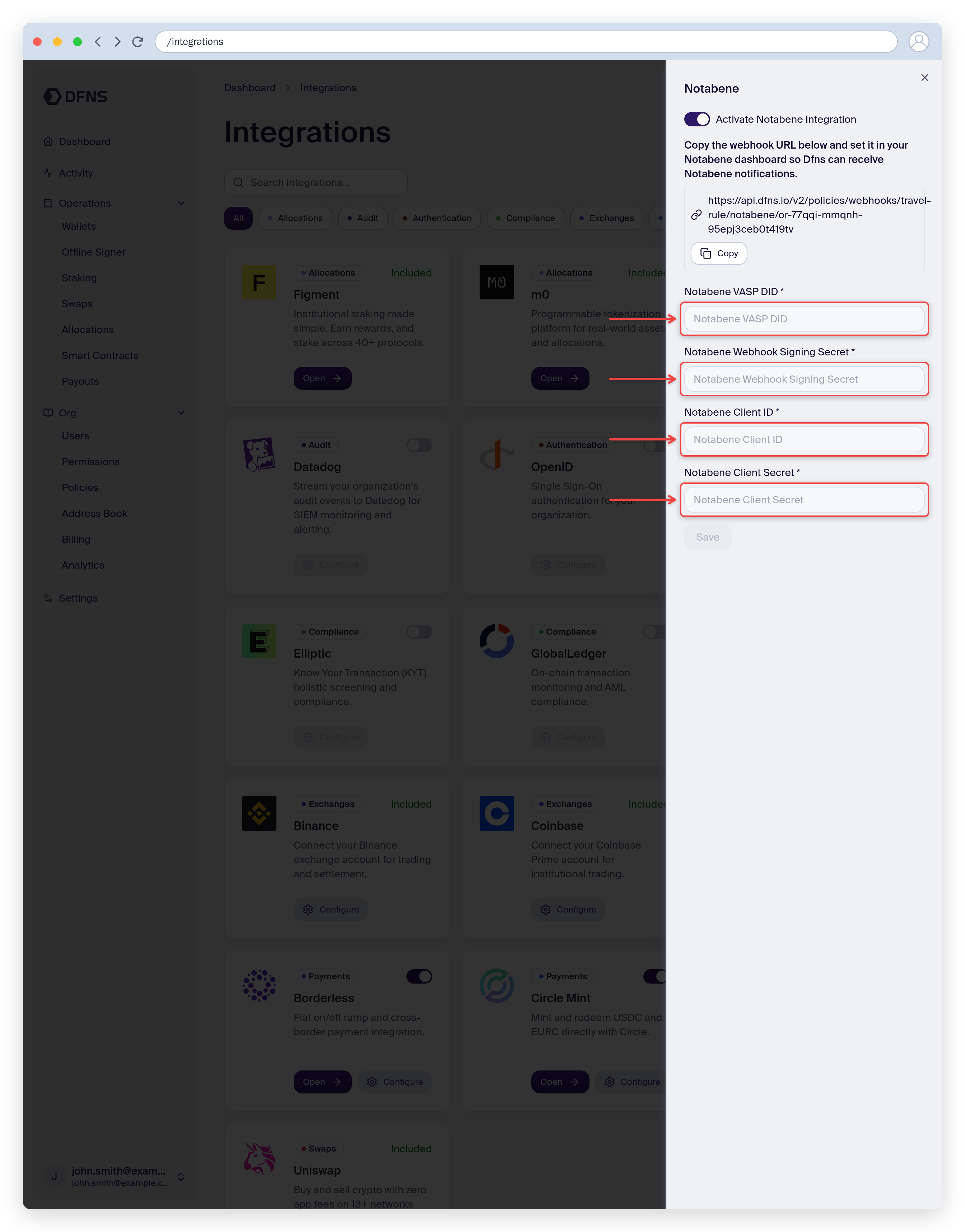 Notabene Travel Rule integration settings with the VASP DID and credential fields