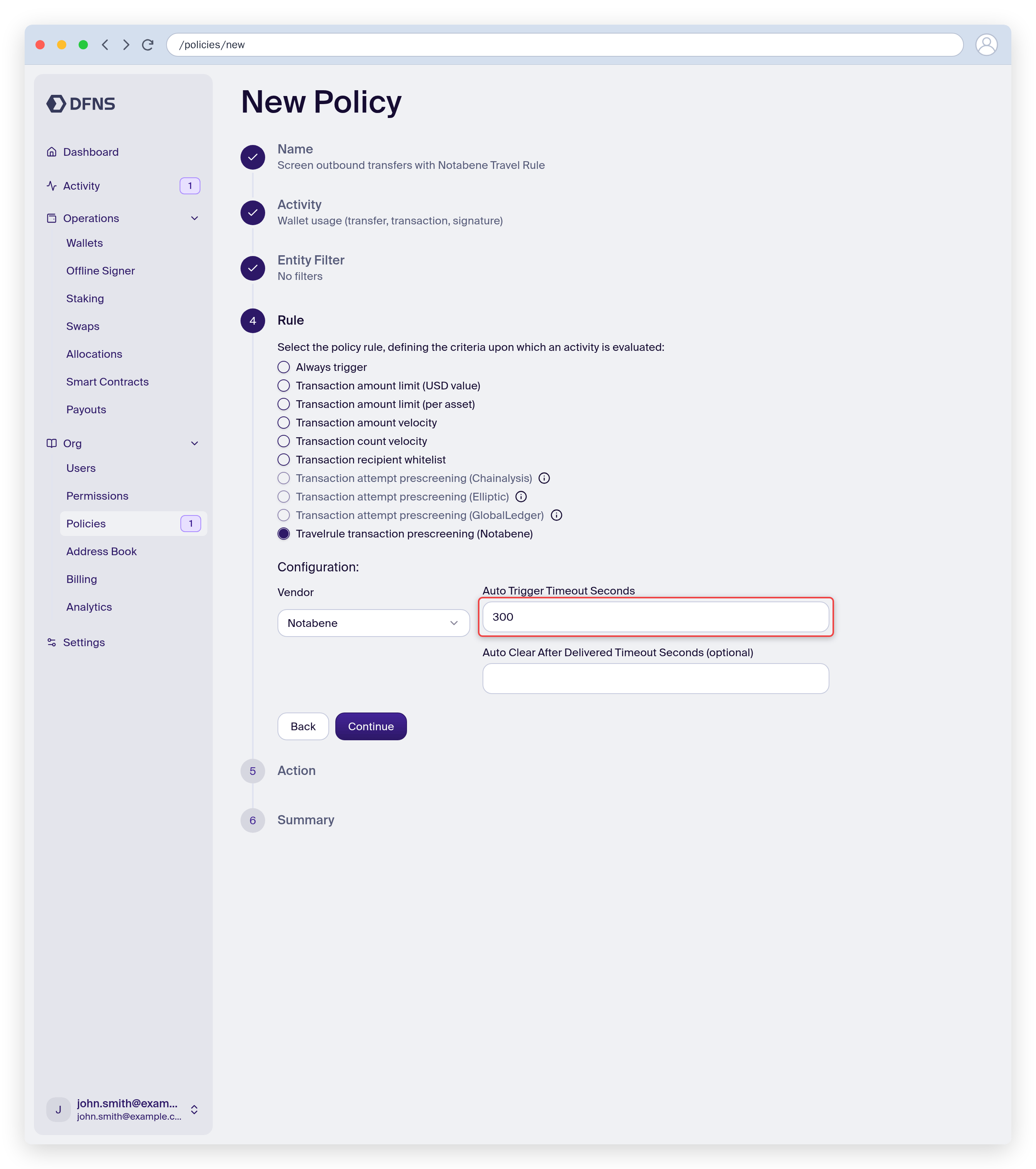 Policy wizard with the Notabene Travel Rule prescreening rule selected