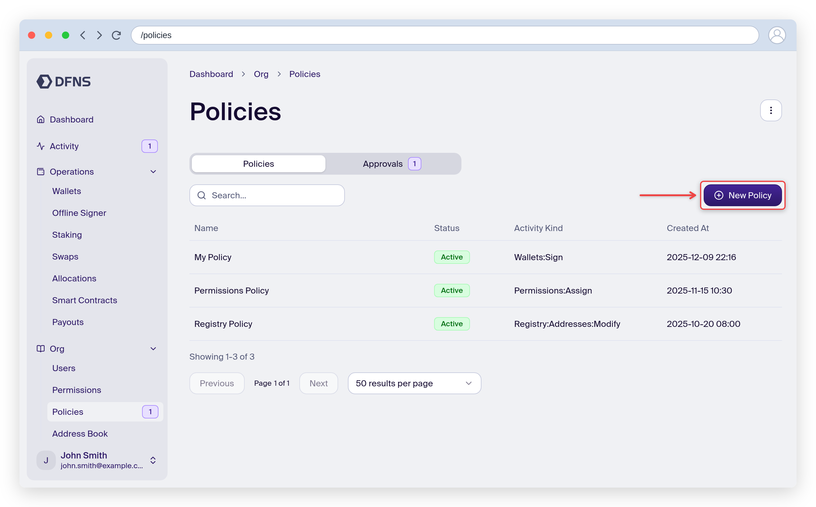 Policies page with the Create Policy button highlighted