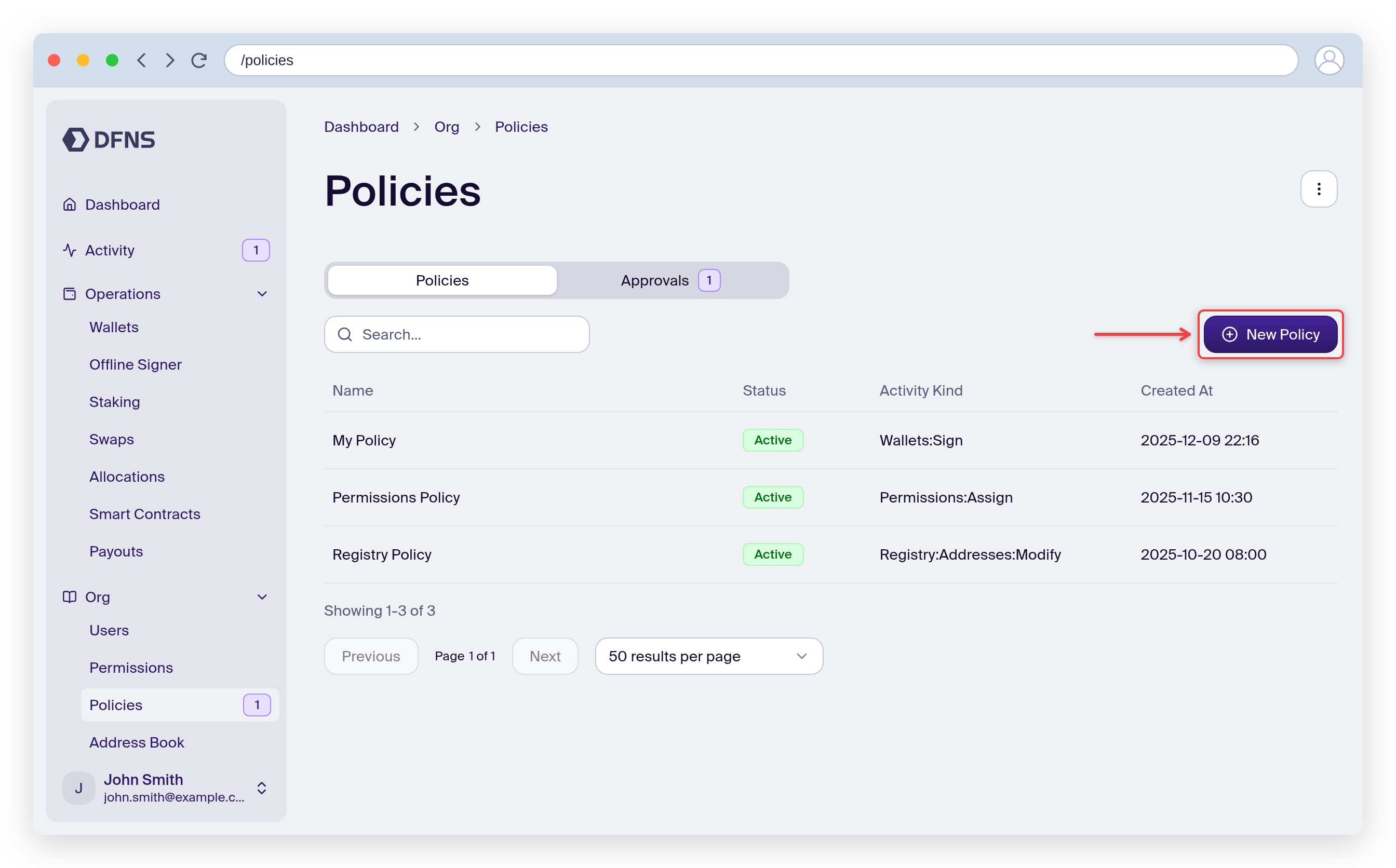 Policies page with the Create Policy button highlighted