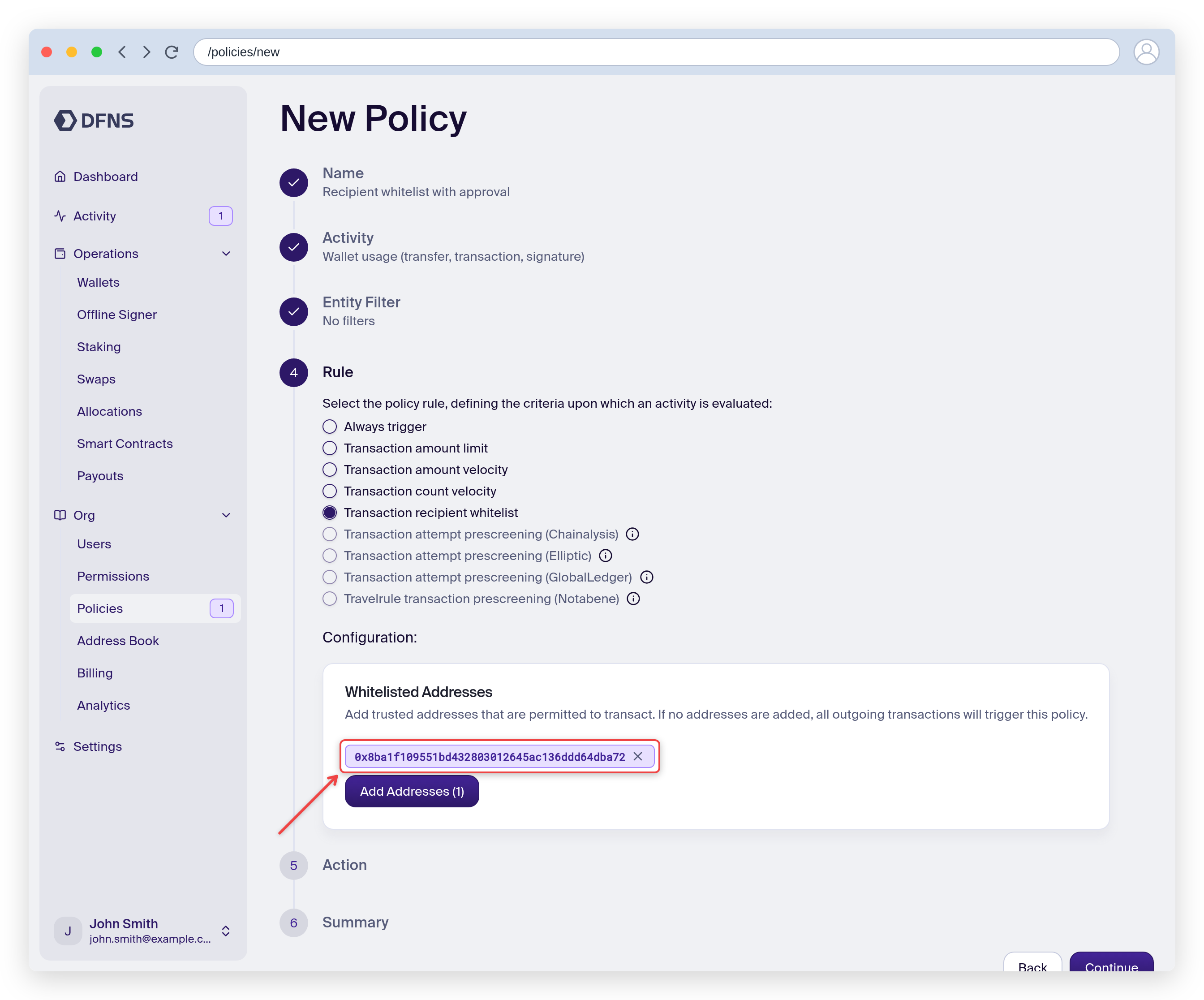 Policy wizard Rule step with a whitelisted address configured