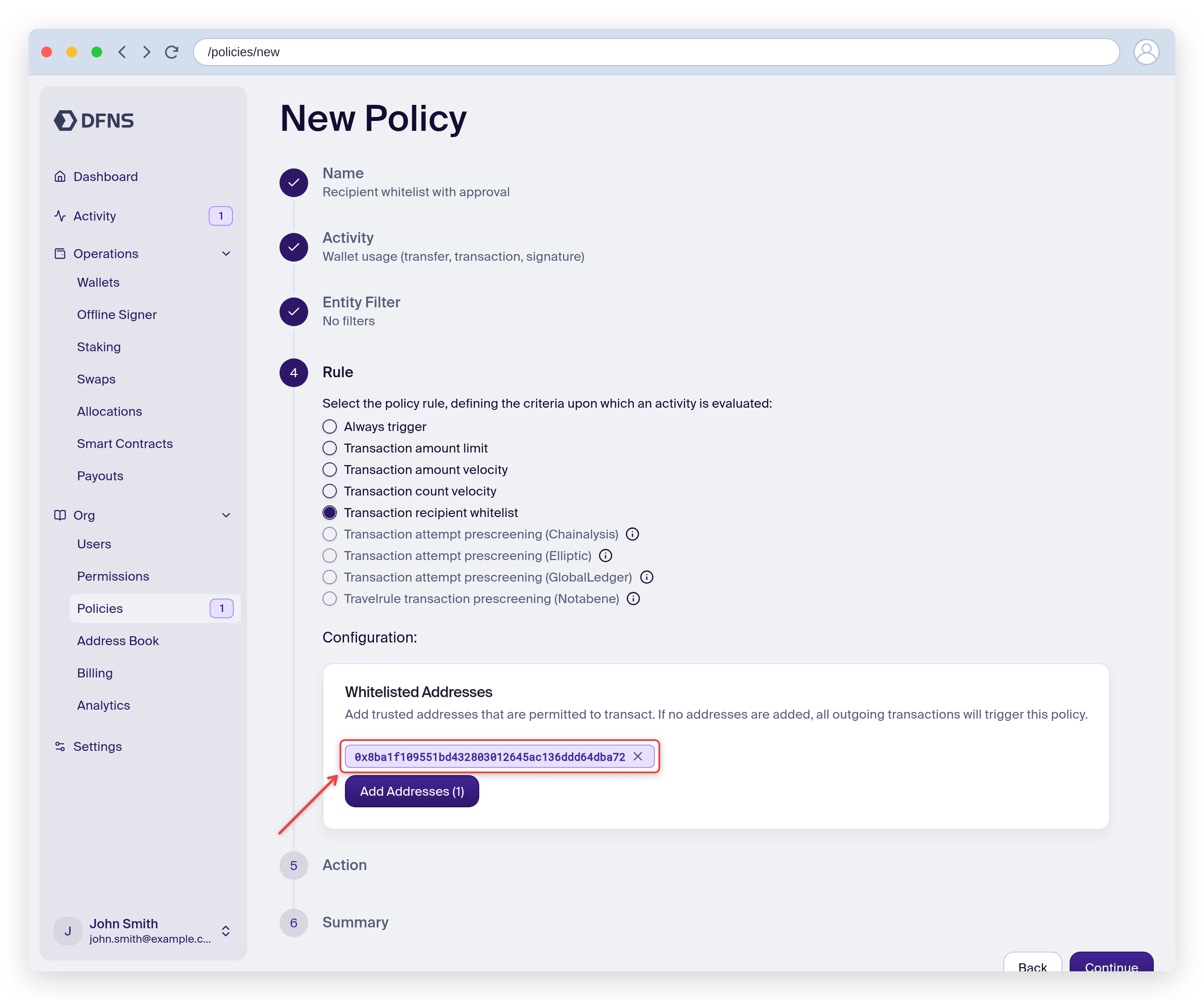 Policy wizard Rule step with a whitelisted address configured