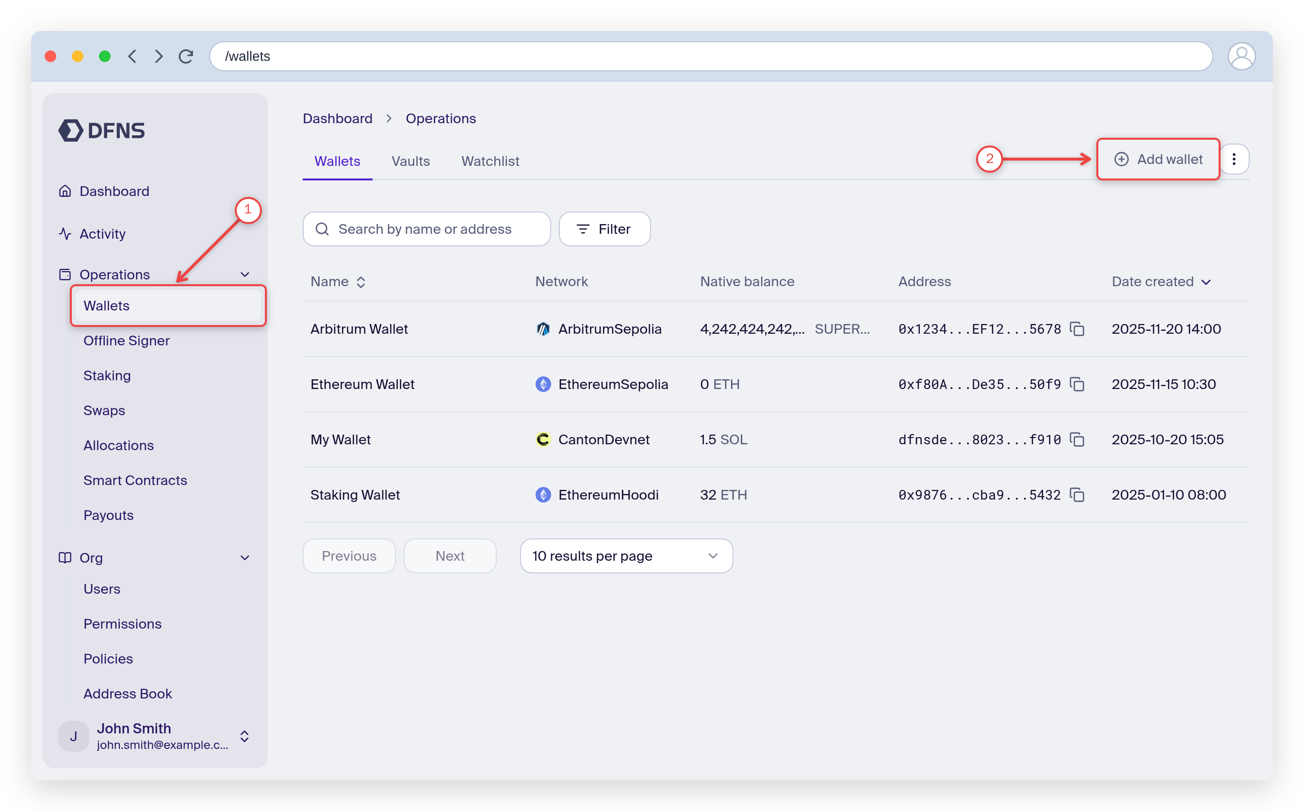 Wallets page with the Wallets menu item and the Create Wallet button highlighted