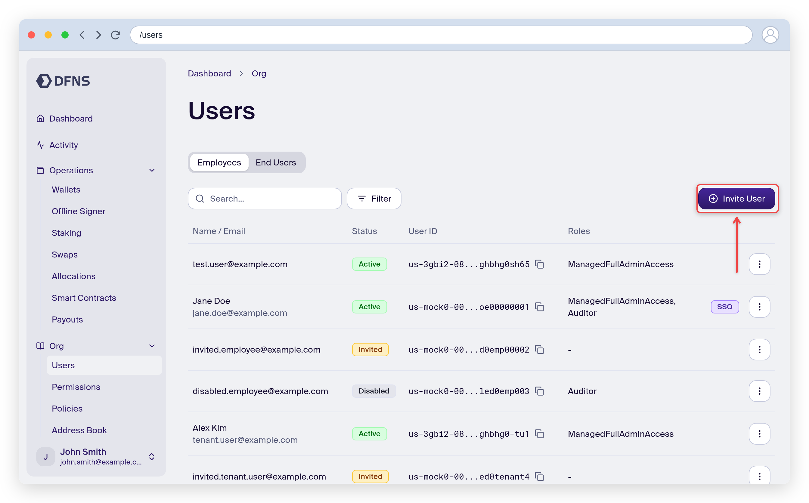 Users page showing you as the only user, with the Invite User button highlighted