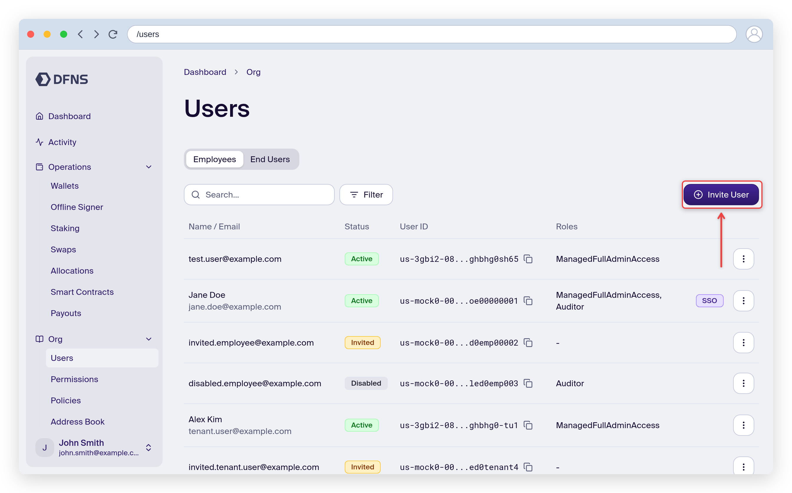 Users page showing you as the only user, with the Invite User button highlighted