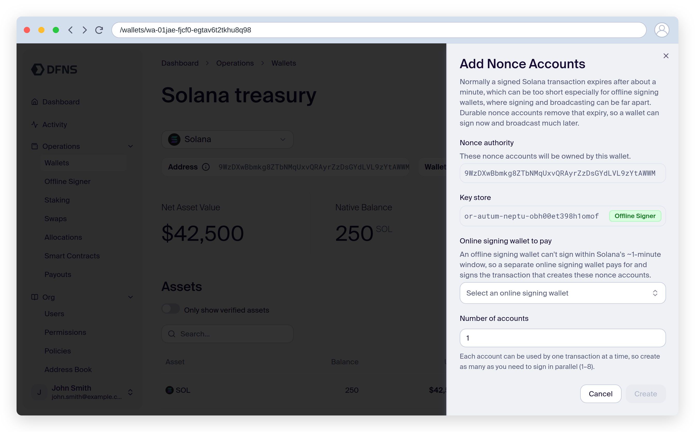 Add Nonce Accounts sheet for an offline signing wallet, with the online paying wallet selector