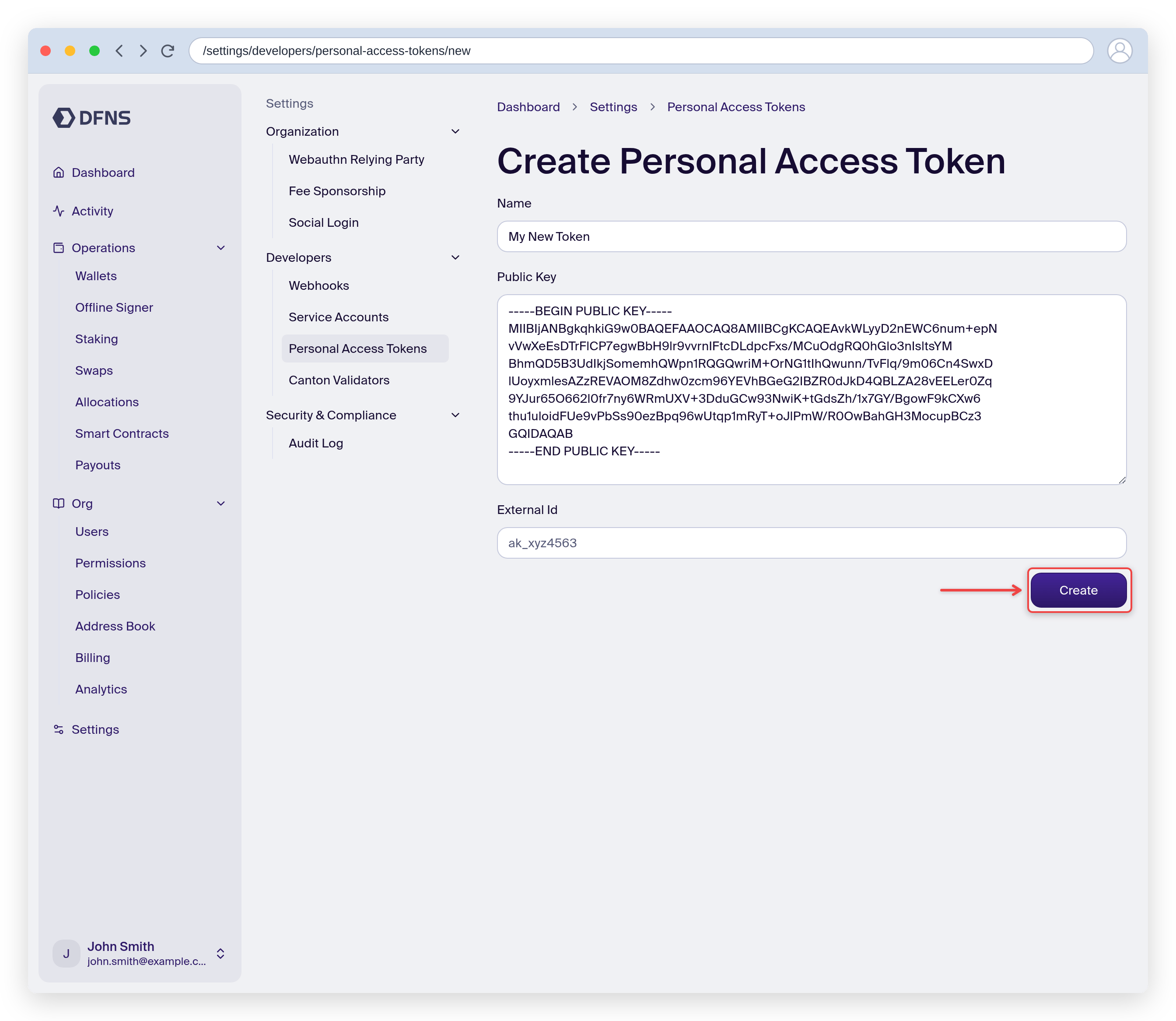 New personal access token form with a name and public key, Create button highlighted