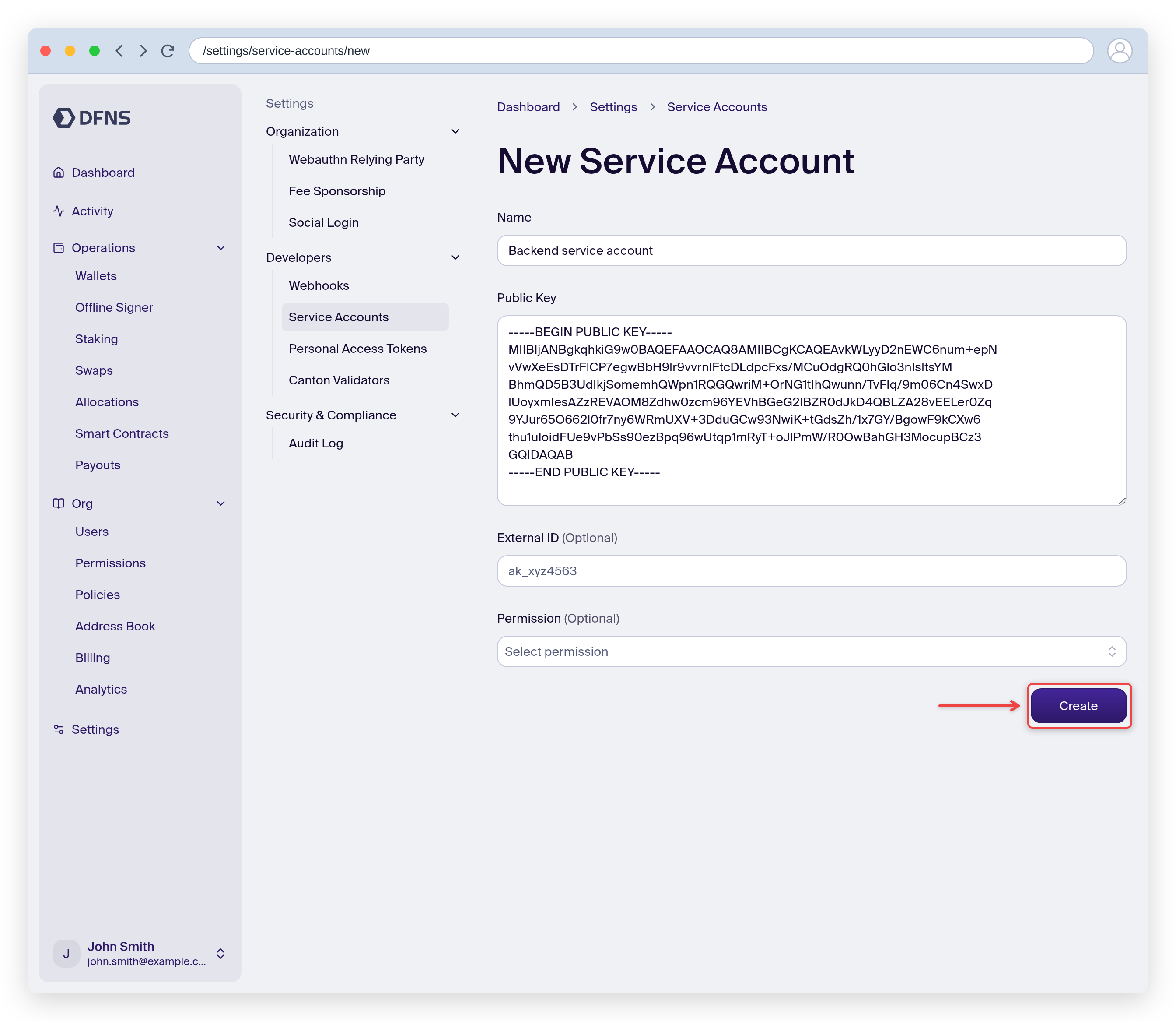 New service account form with a name and public key, Create button highlighted
