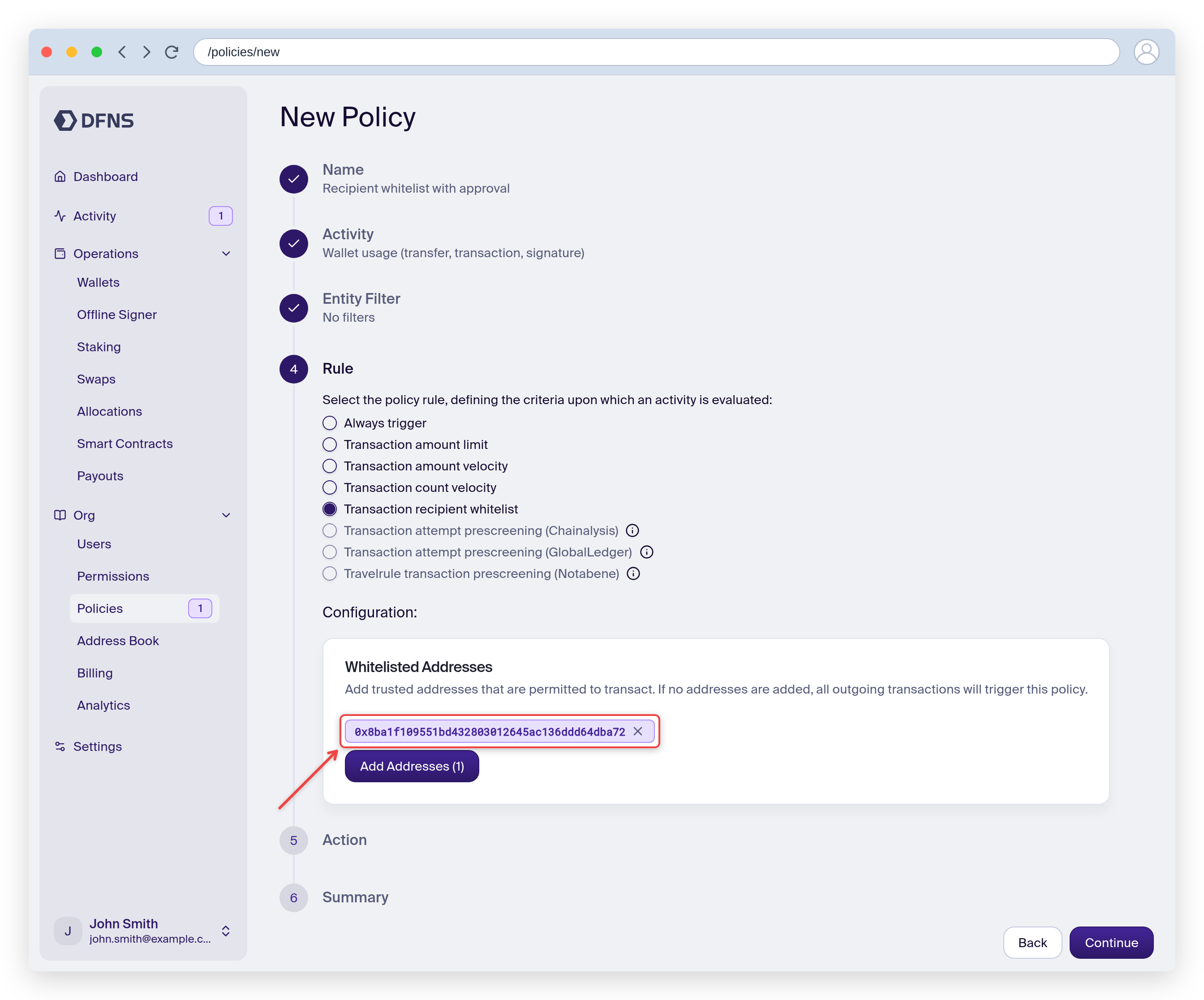 Policy wizard Rule step with a whitelisted address configured