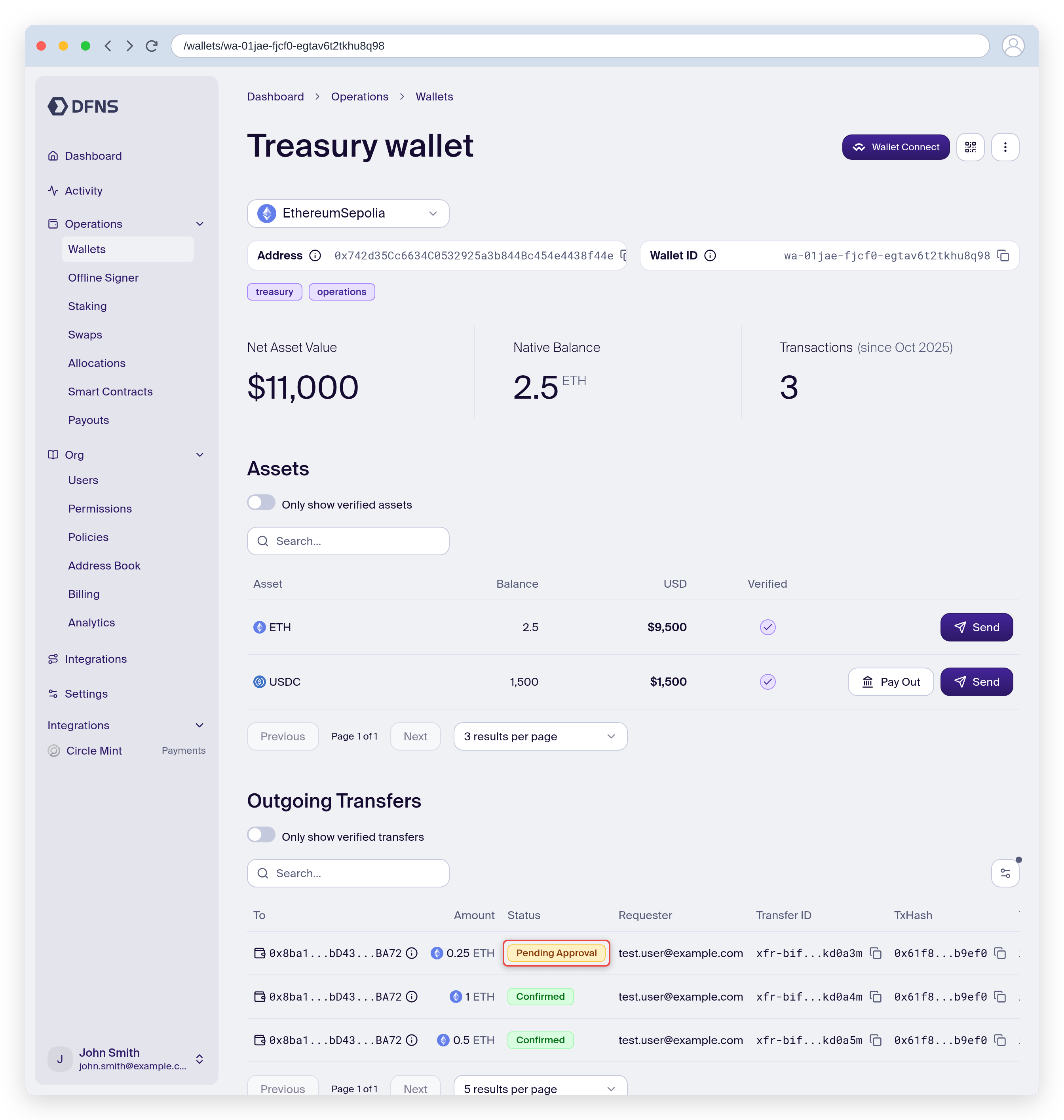 Wallet detail page showing assets, balances and transfers