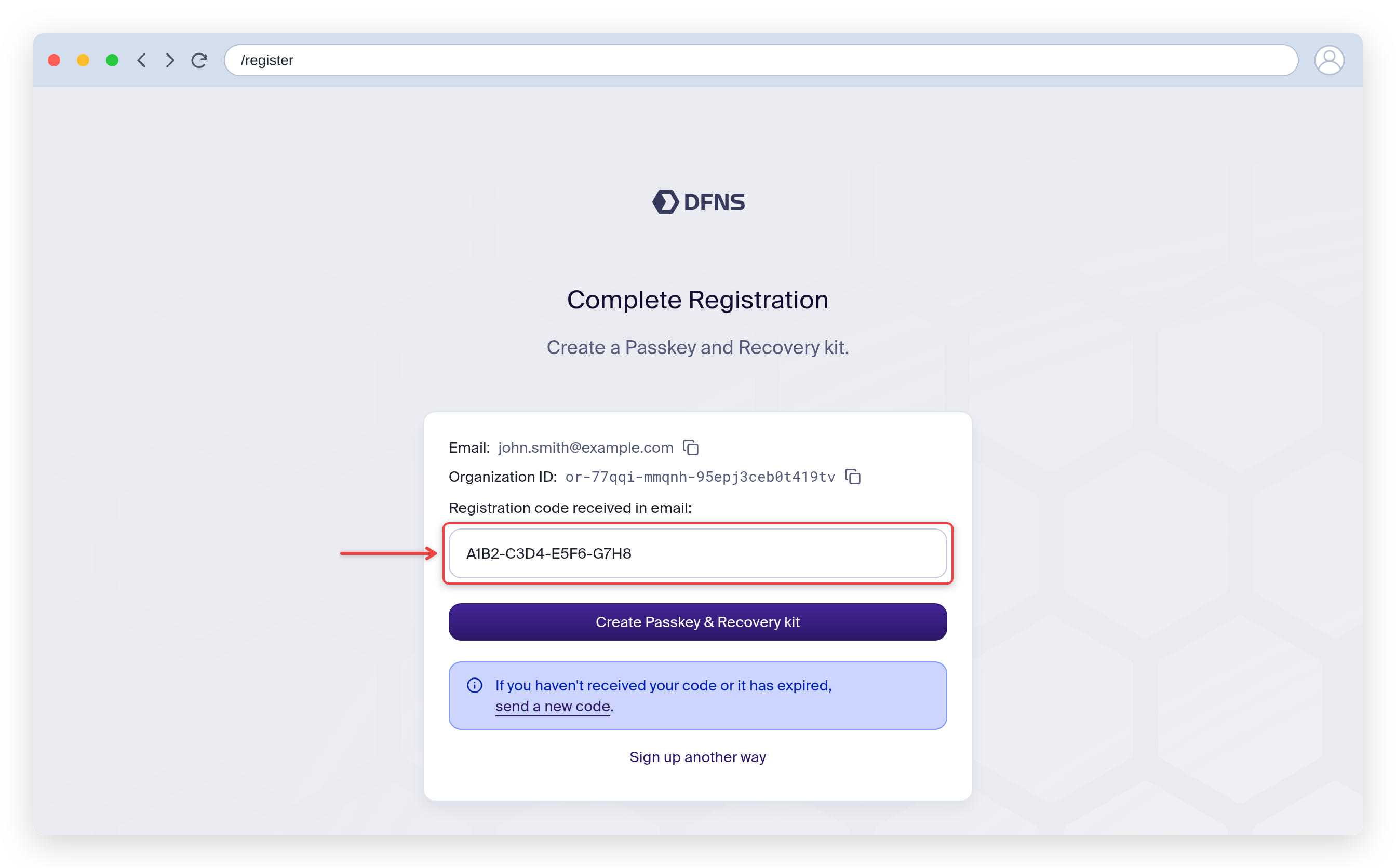 Complete Registration page: enter the emailed code, with your organization ID shown