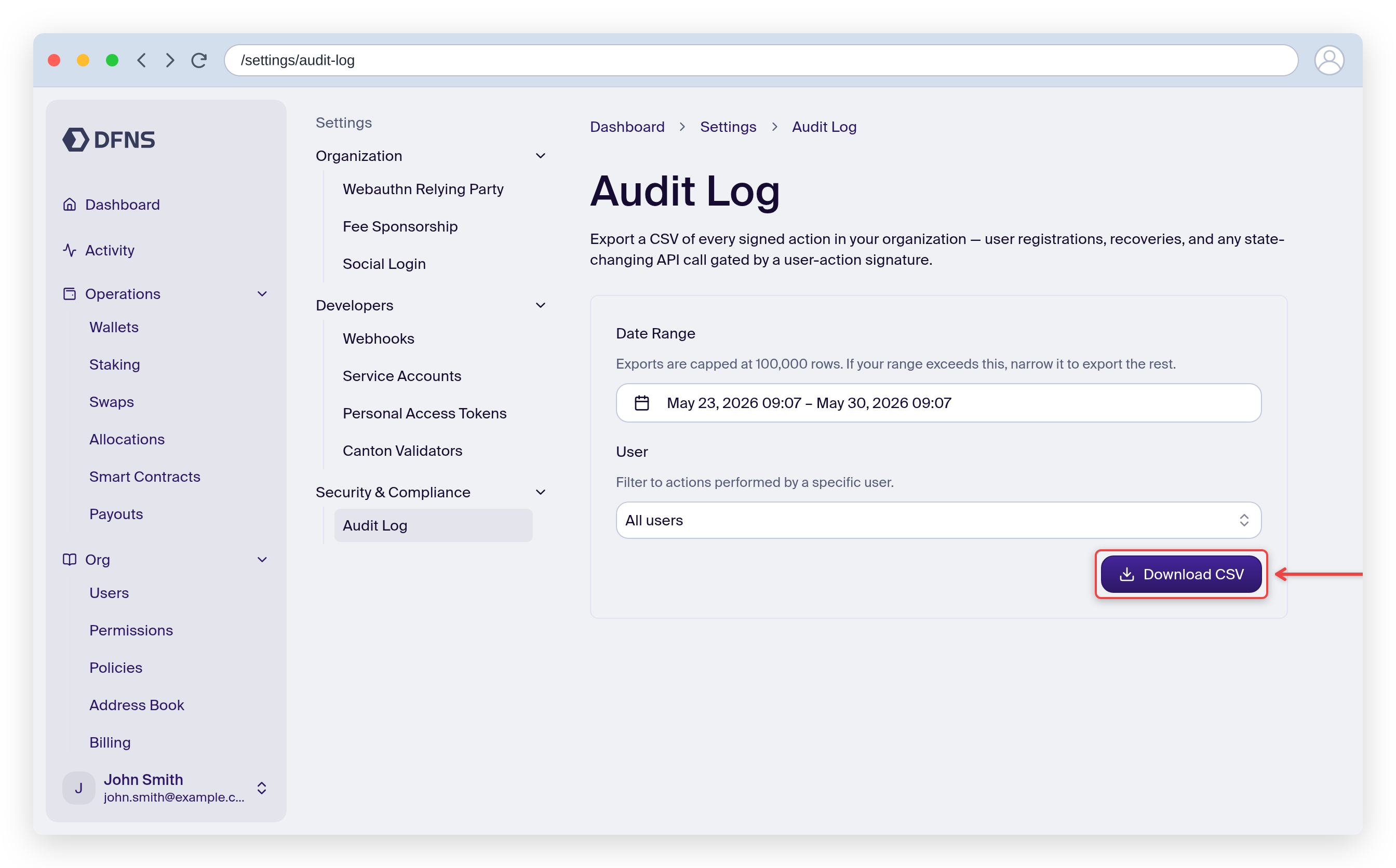 Audit Log export form showing the date range, user filter, and the Download CSV button highlighted