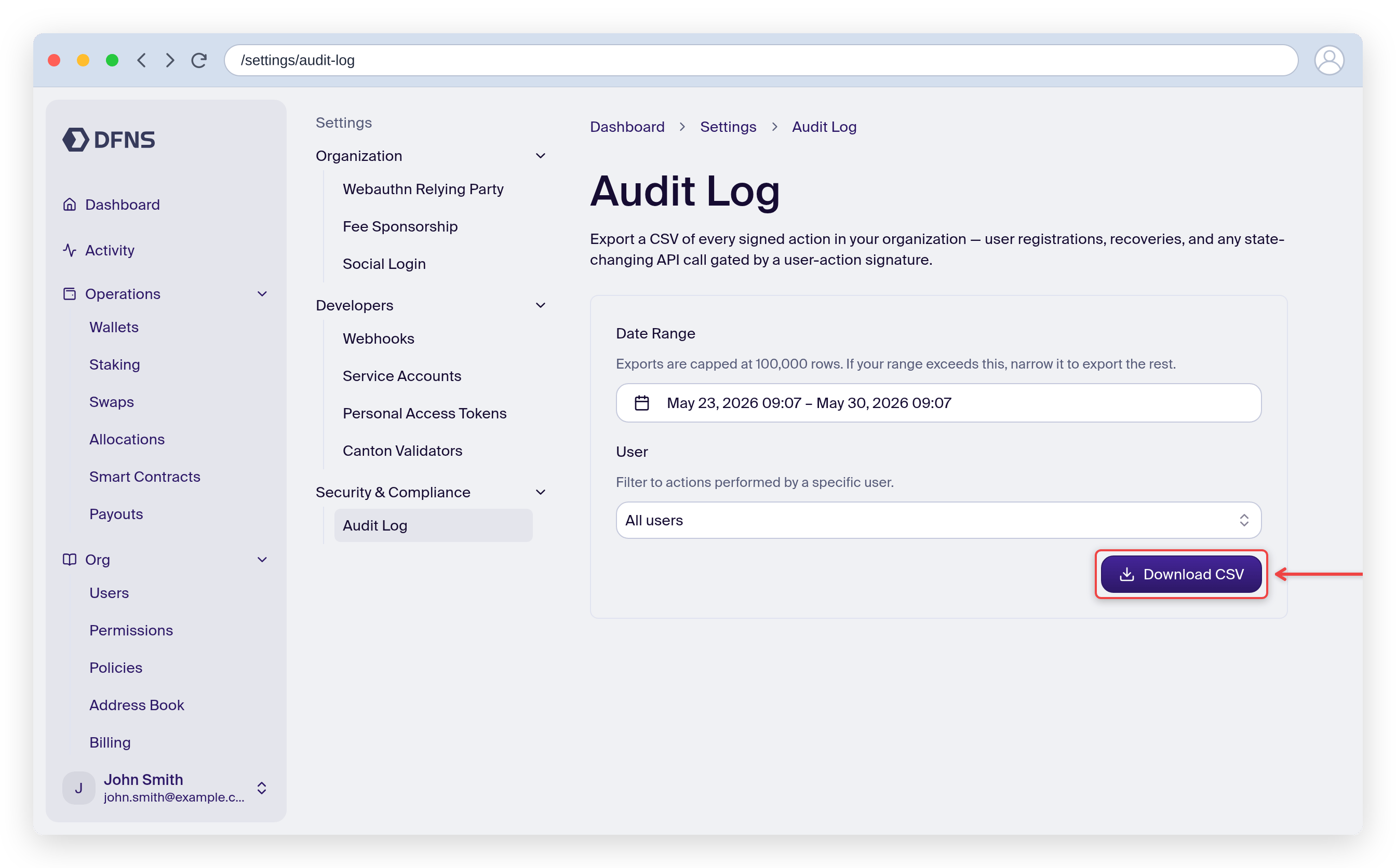 Audit Log export form showing the date range, user filter, and the Download CSV button highlighted