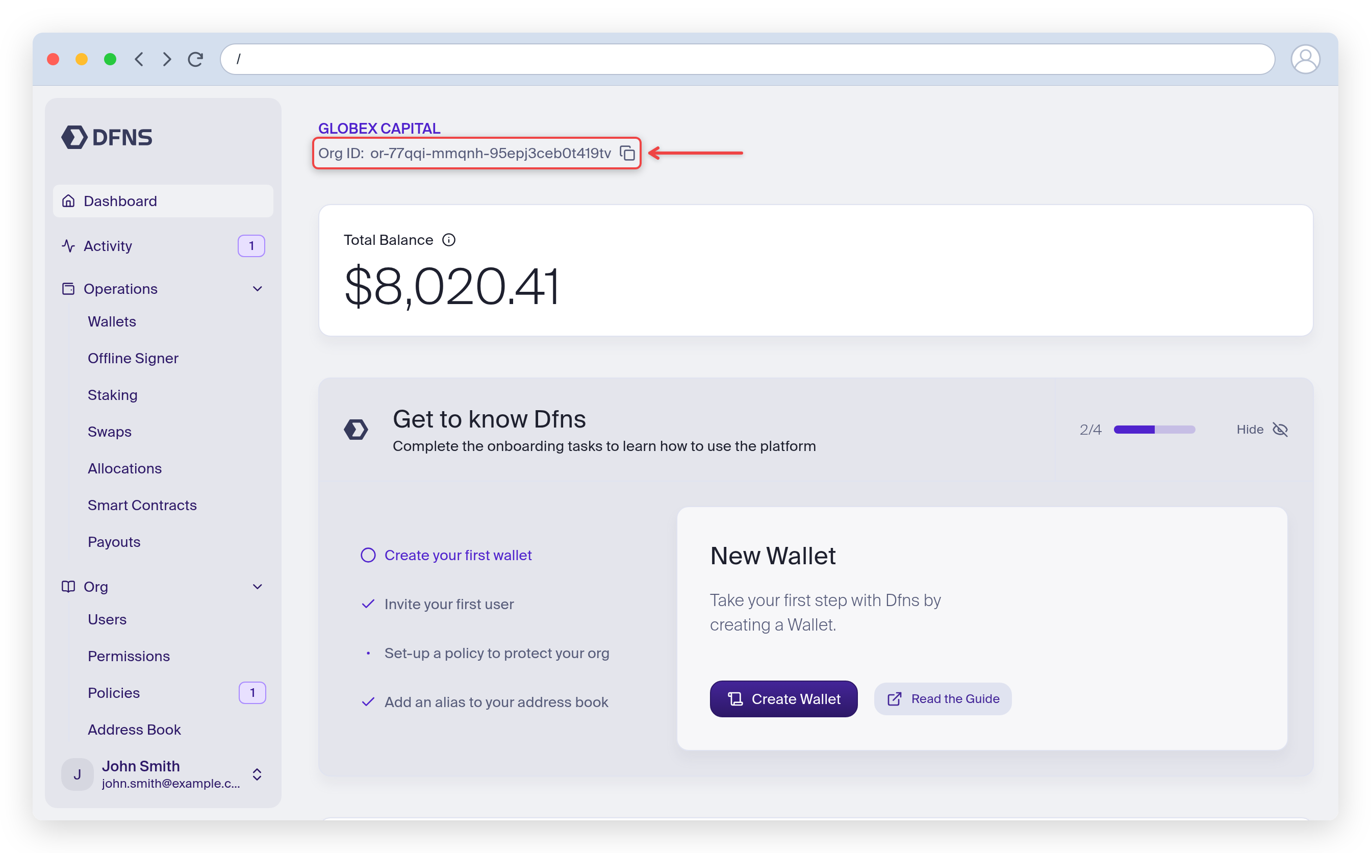 Dashboard homepage with the organization ID highlighted under the organization name