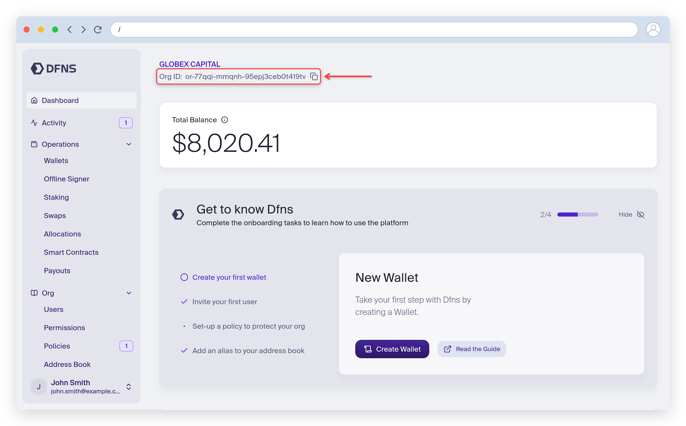 Dashboard homepage with the organization ID highlighted under the organization name