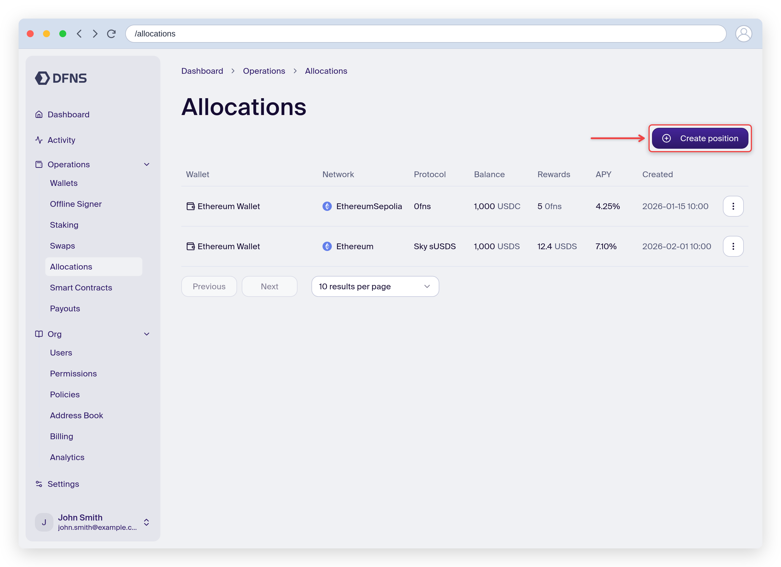 Allocations list with the Create Position button highlighted
