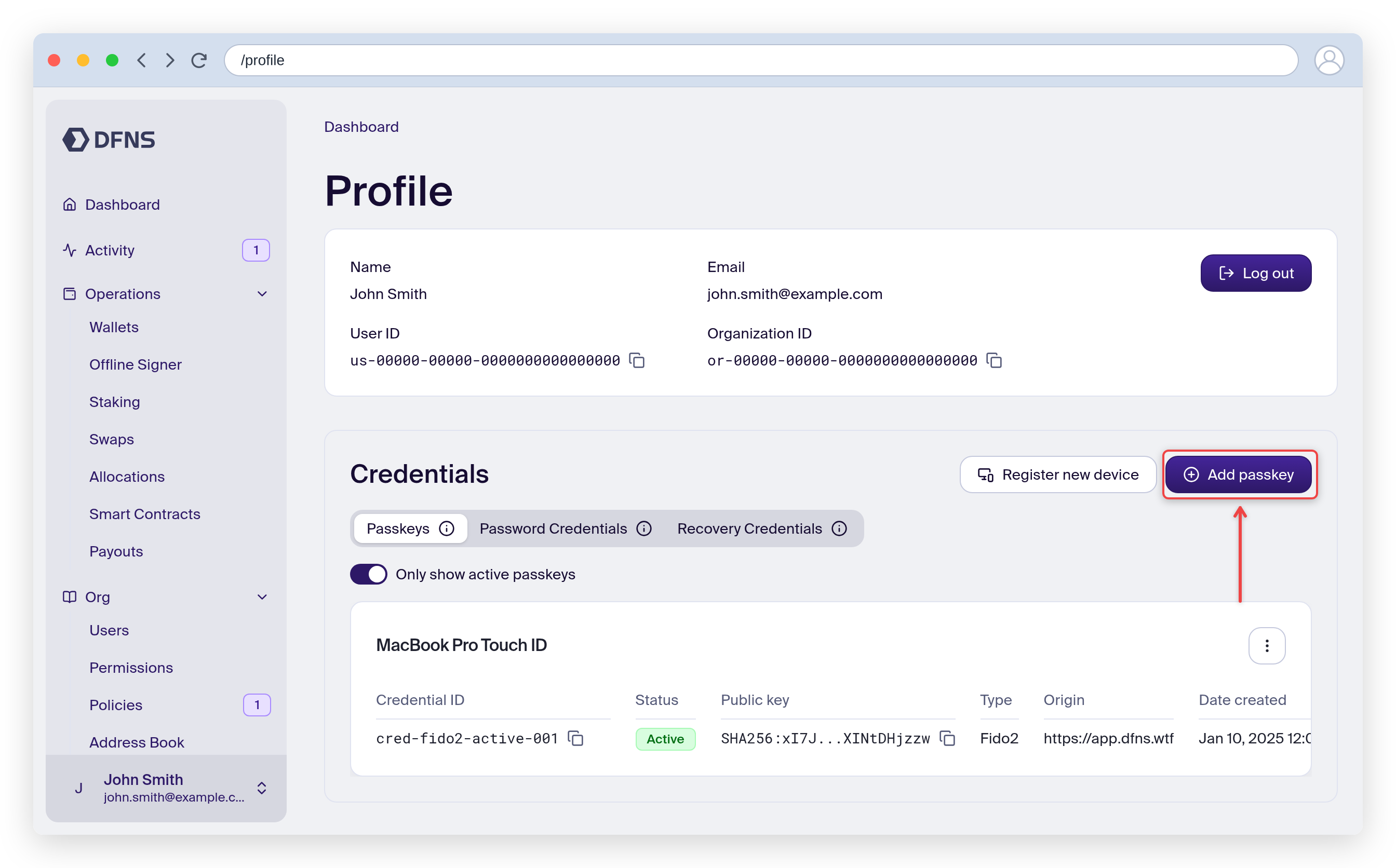Profile page Passkeys tab listing existing credentials, with the Add passkey button highlighted