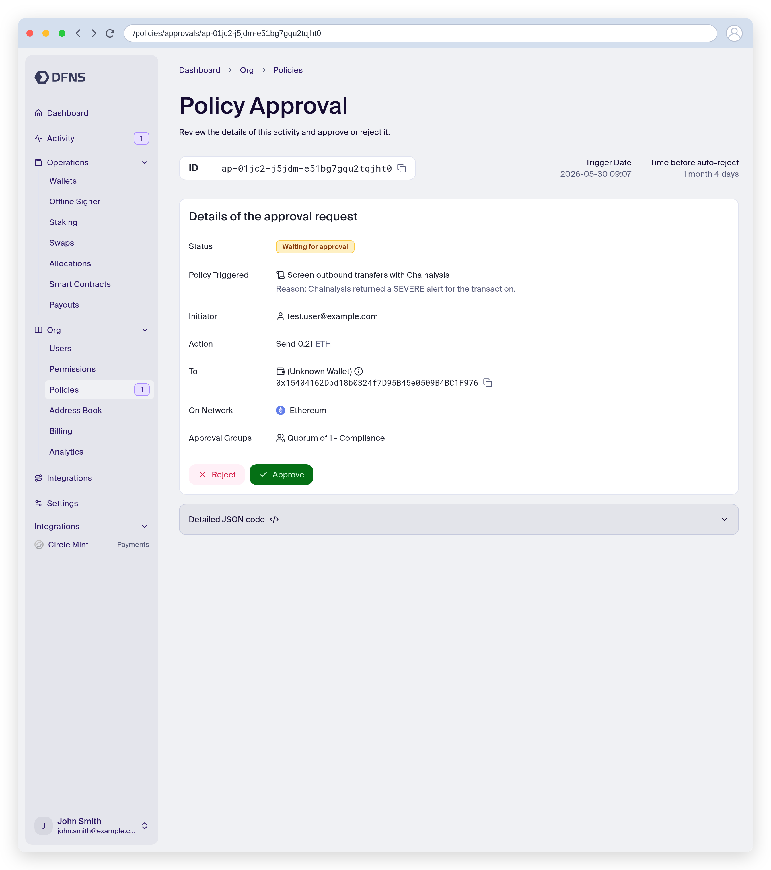 Pending policy approval triggered by a Chainalysis alert