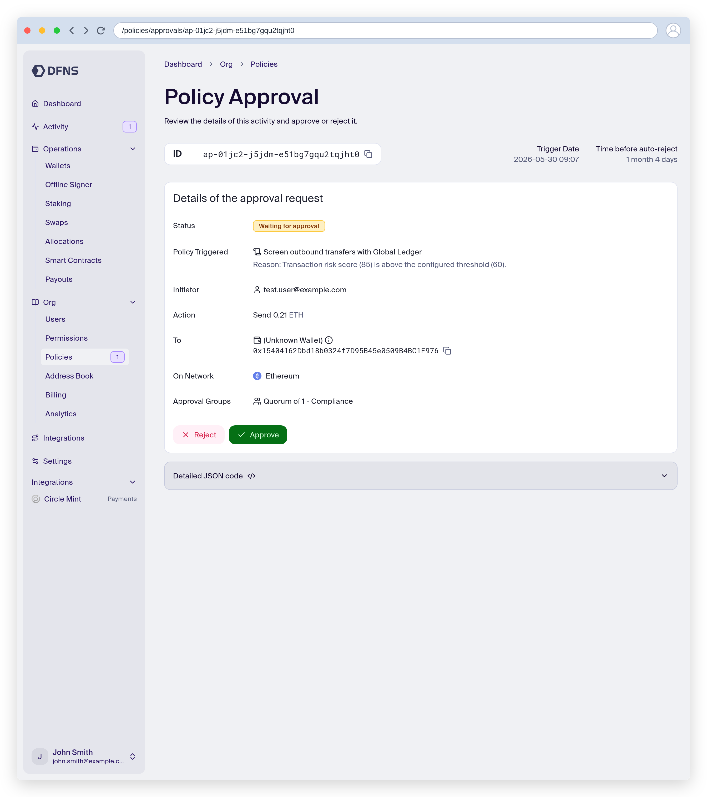 Pending policy approval triggered by a Global Ledger risk score above the threshold
