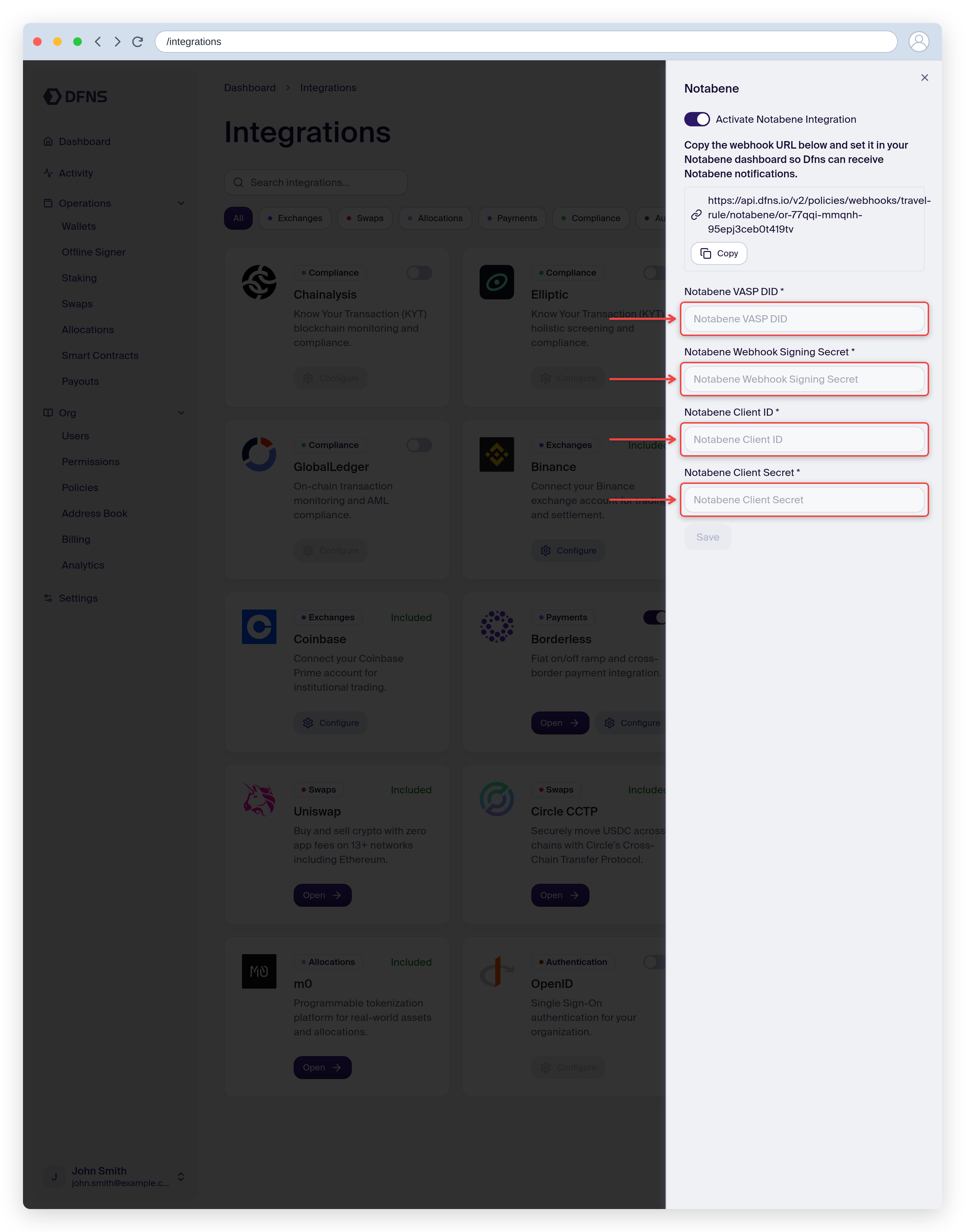 Notabene Travel Rule integration settings with the VASP DID and credential fields