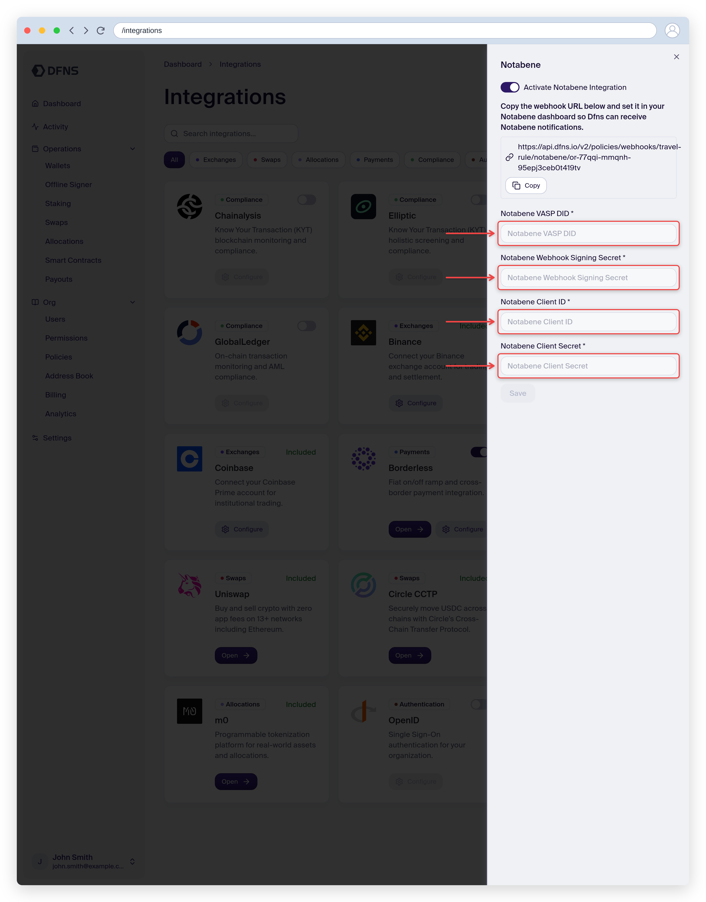 Notabene Travel Rule integration settings with the VASP DID and credential fields