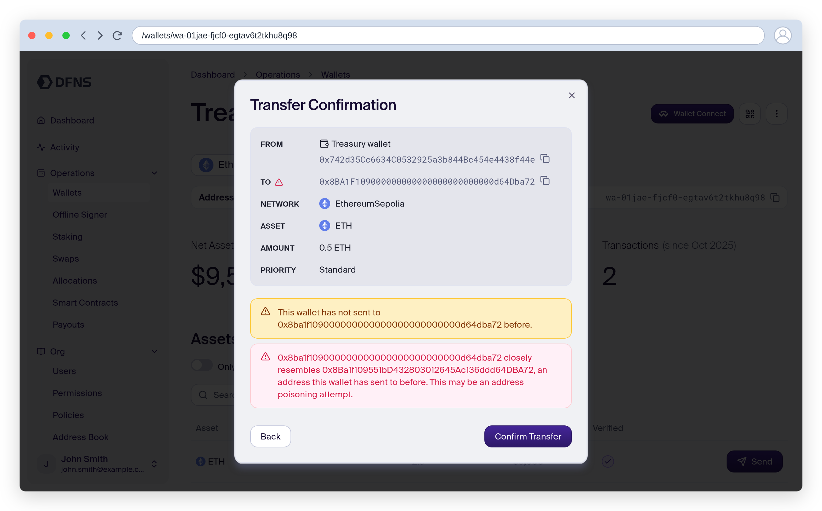 Transfer confirmation showing a red address poisoning warning and a yellow new counterparty notice