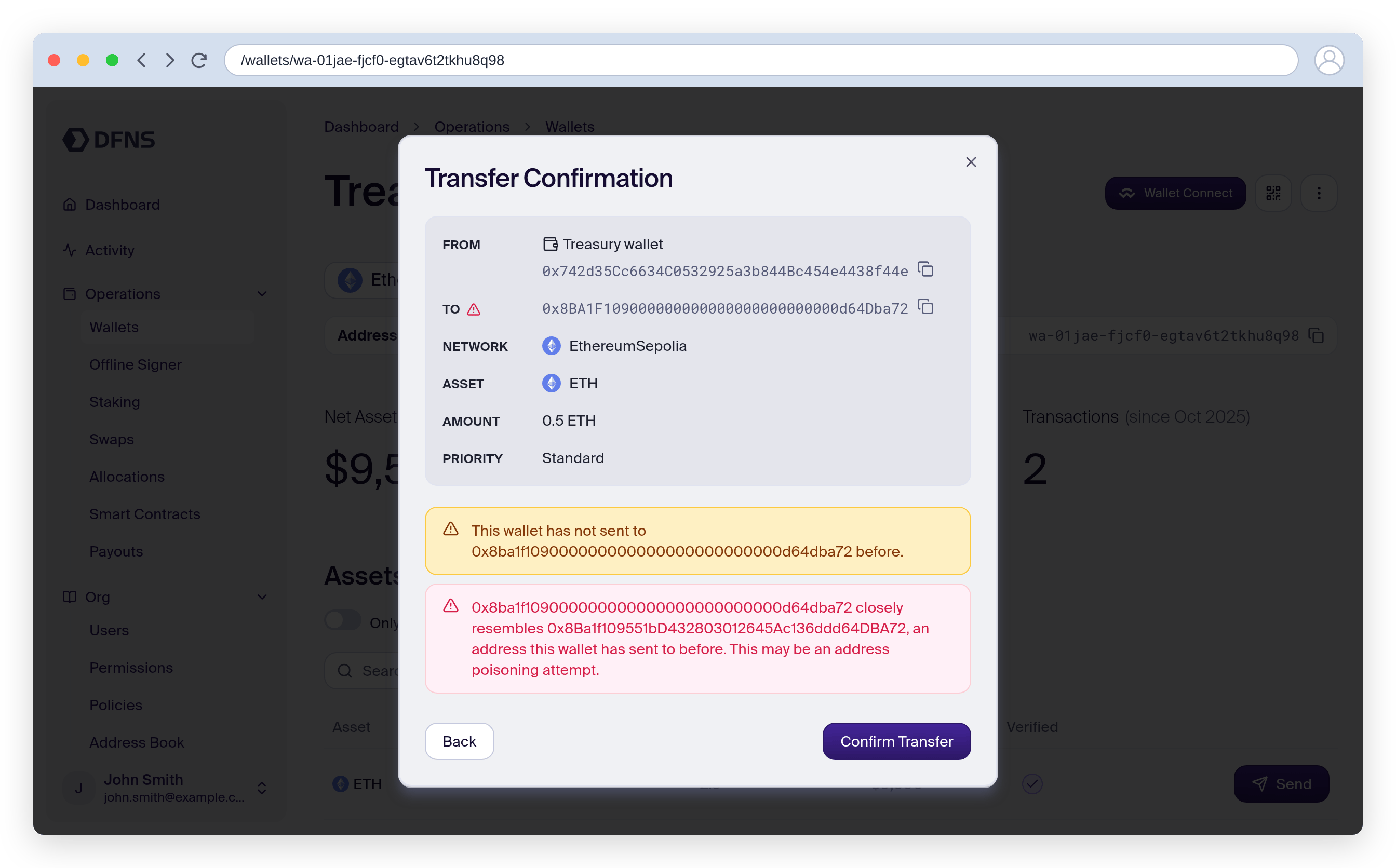 Transfer confirmation showing a red address poisoning warning and a yellow new counterparty notice