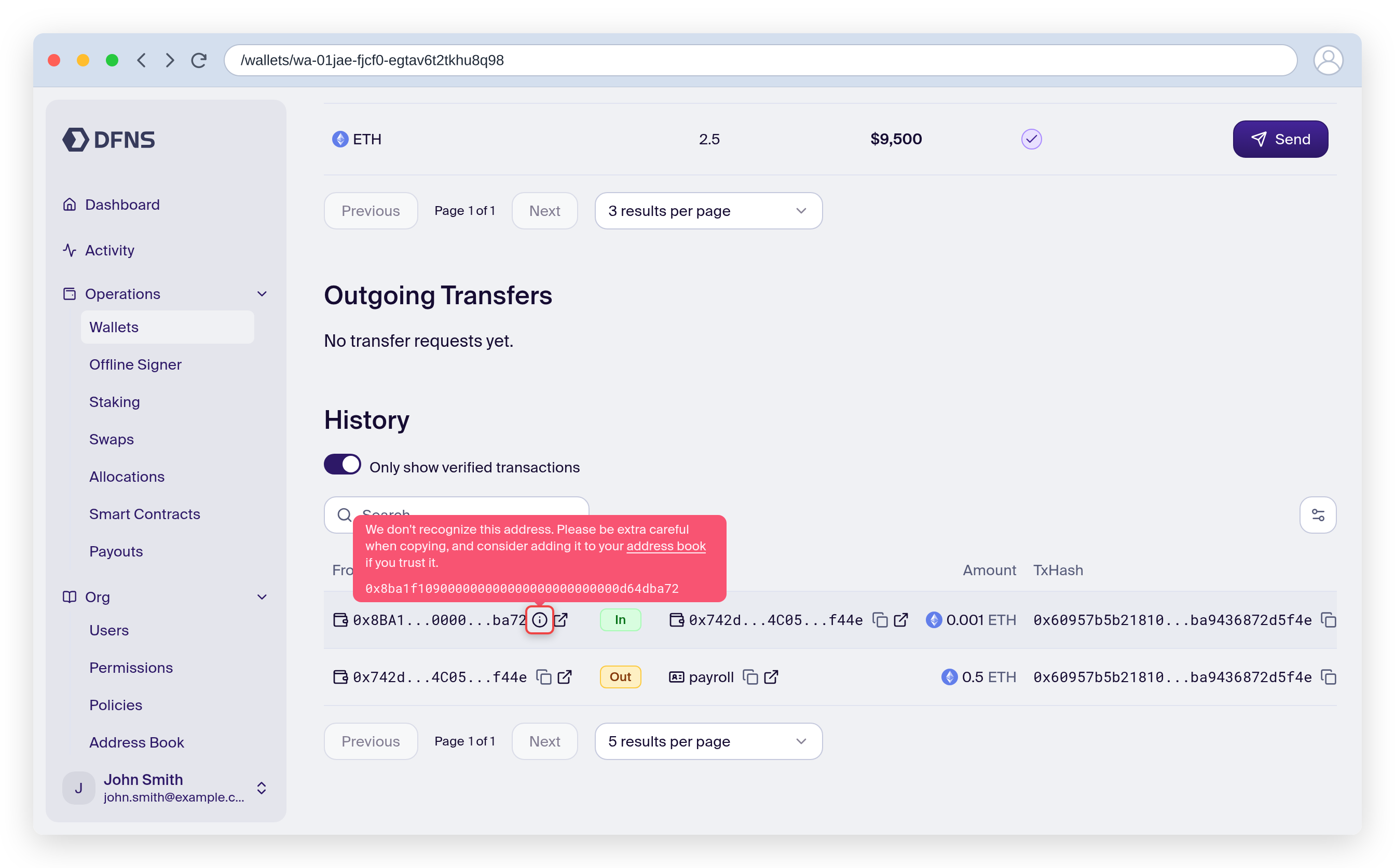 Wallet history where an unrecognized lookalike sender carries a red warning tooltip