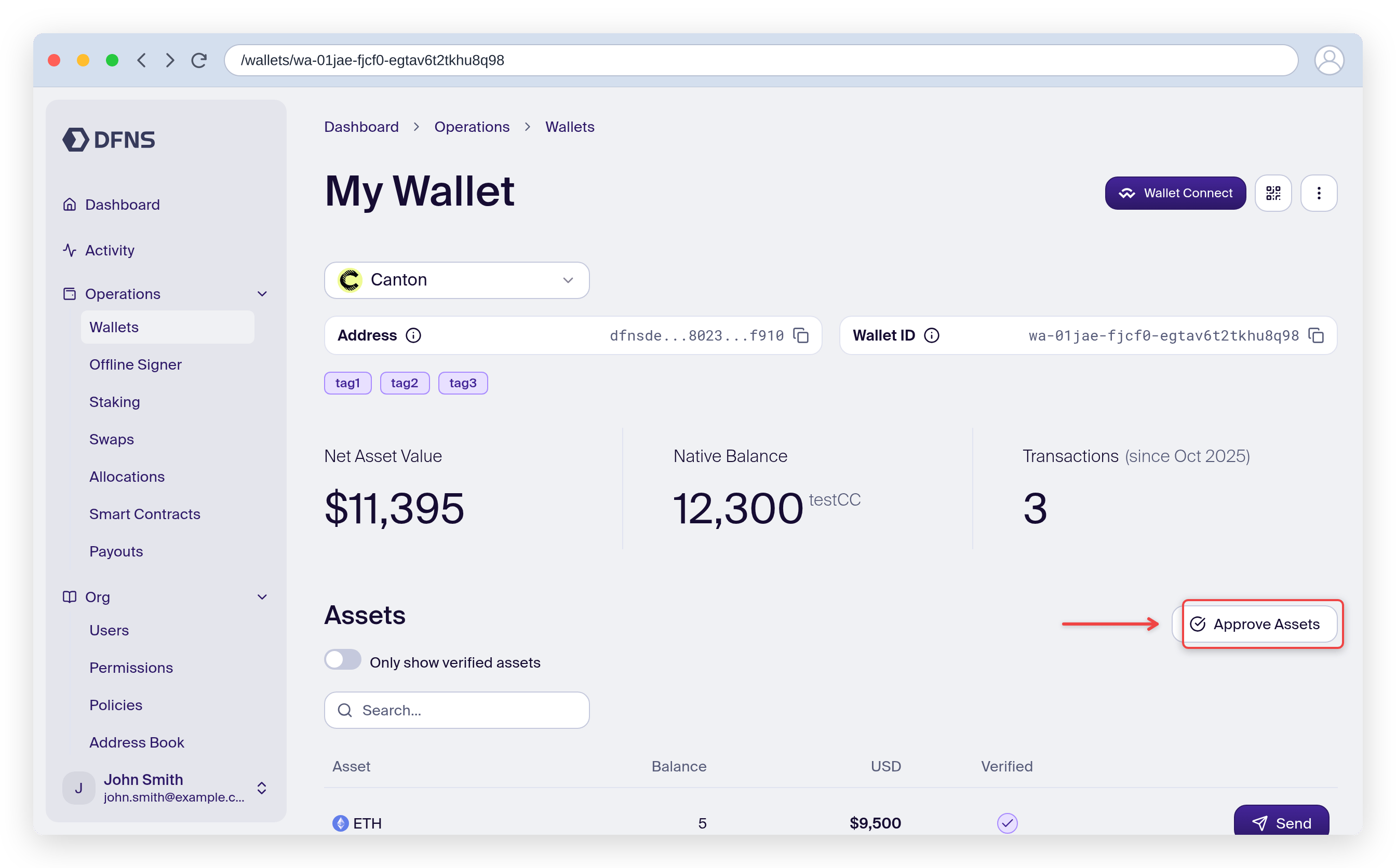 Canton wallet page with the Approve Assets button highlighted