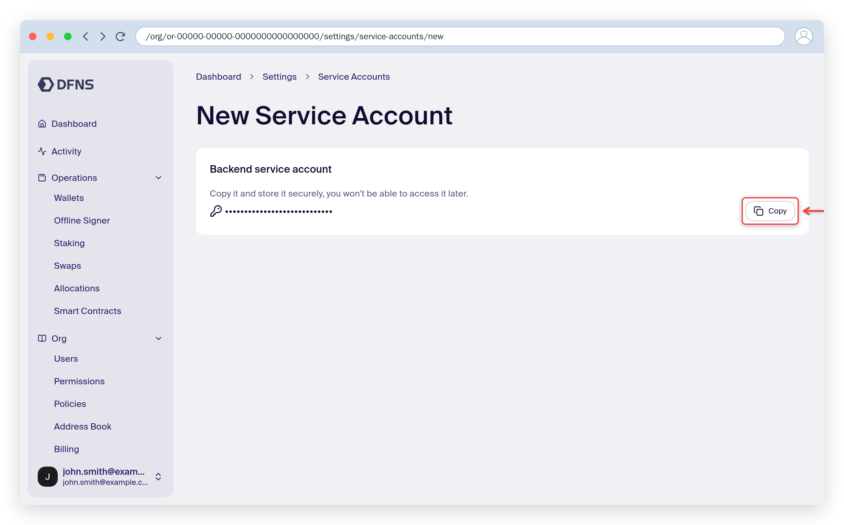 Service account creation showing the masked authentication token with a Copy button