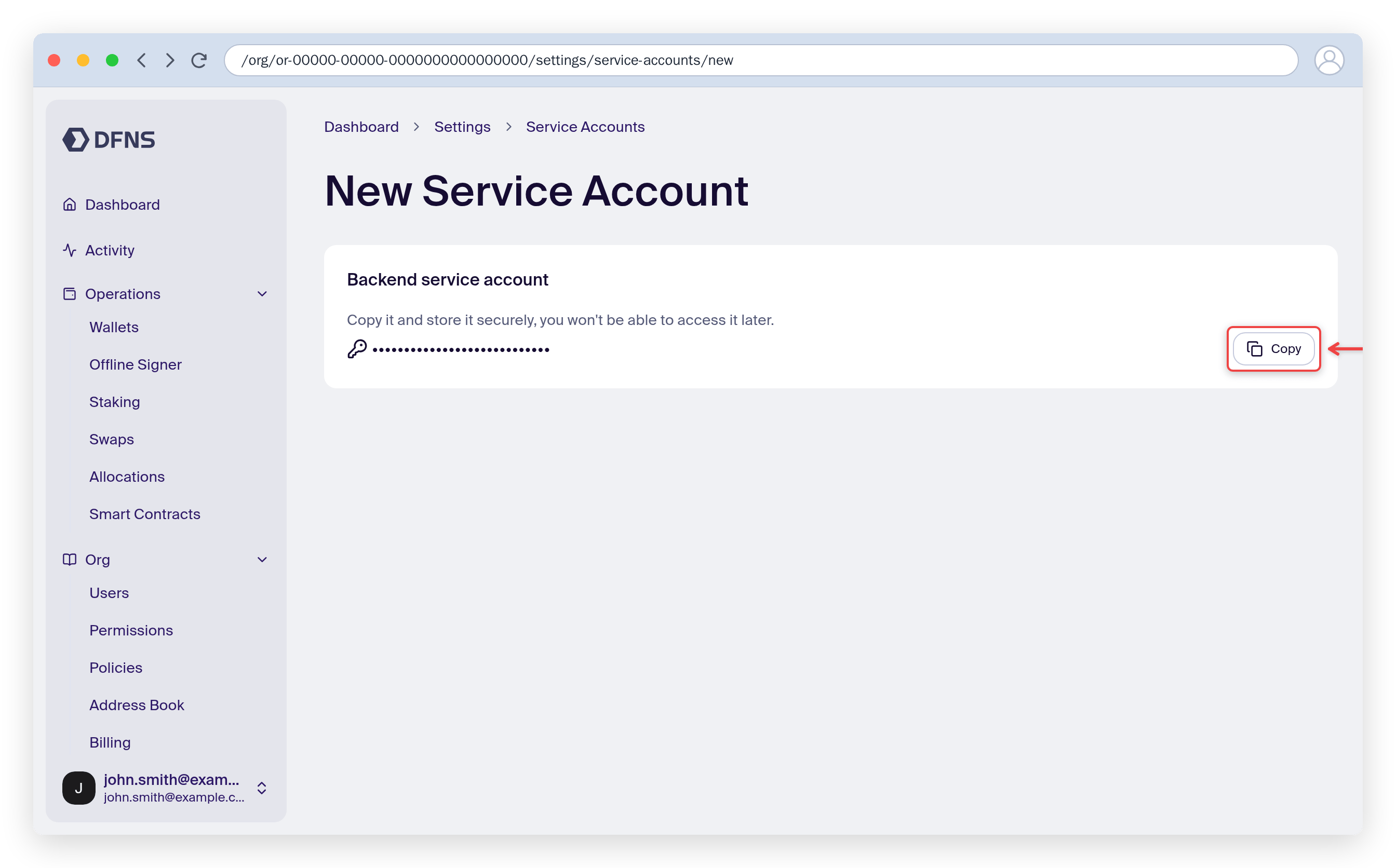 Service account creation showing the masked authentication token with a Copy button