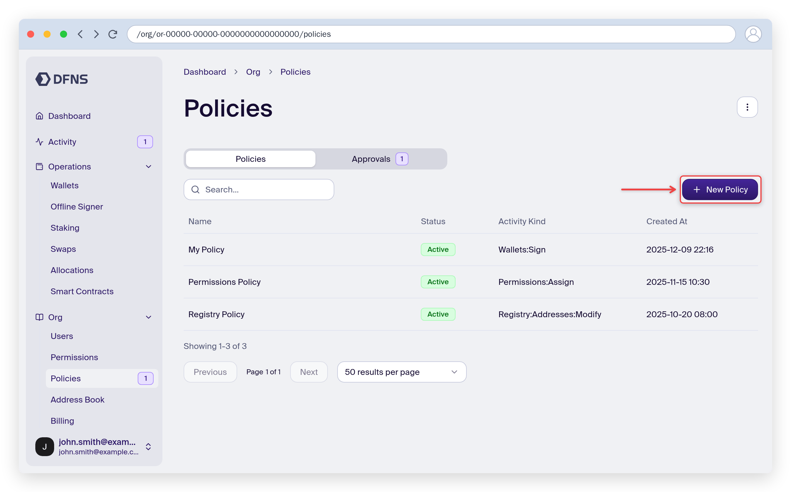 Policies page with the Create Policy button highlighted