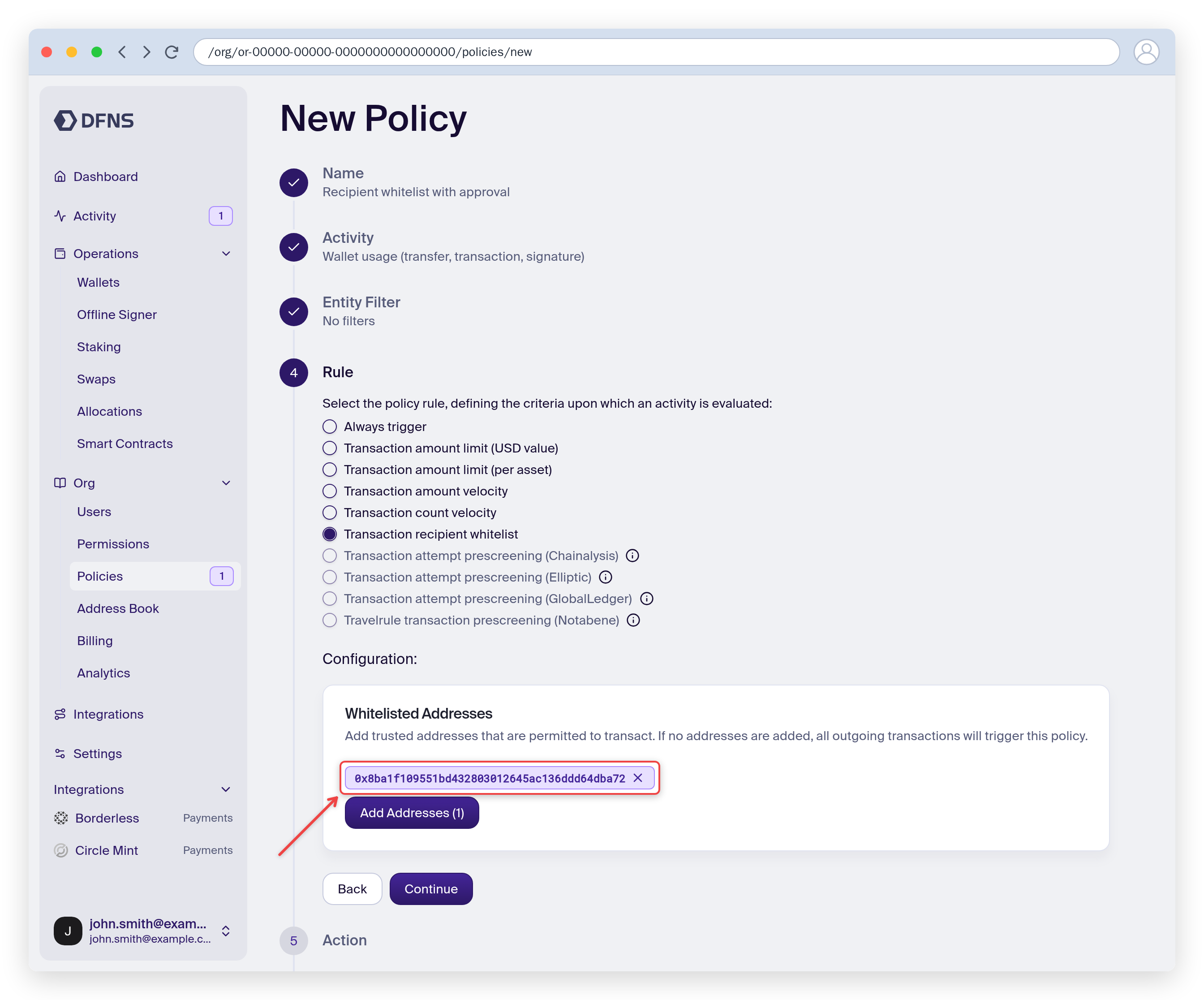 Policy wizard Rule step with a whitelisted address configured